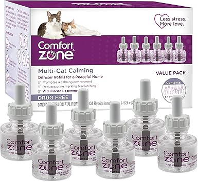 COMFORT ZONE Multi Cat Calming Diffuser Refill, 6 Pack – Cat Calming Pheromone Refills Help Reduce Anxiety, Stress, Scratching, Urine Marking, Multi-Cat Aggression, (30-Day Refills, 180-Day Supply)