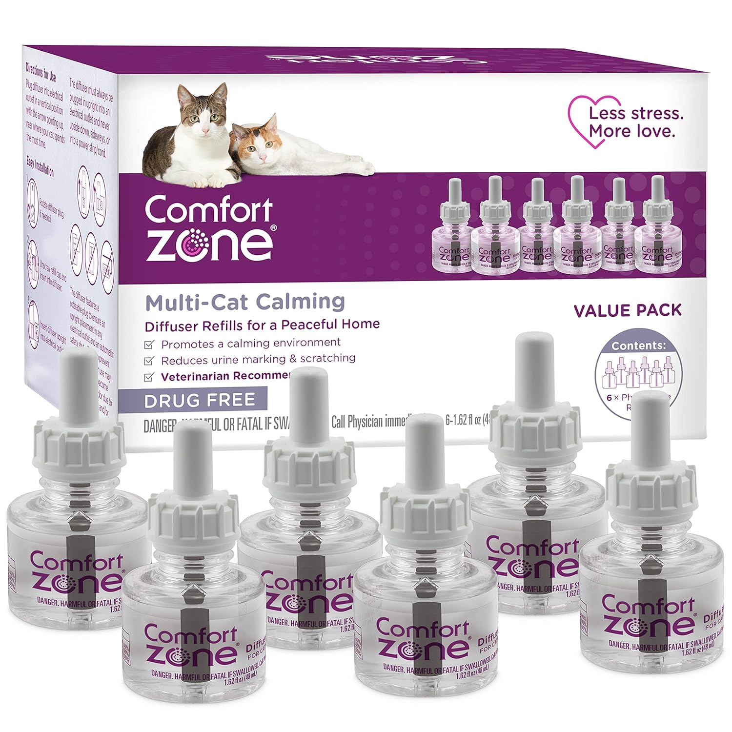 COMFORT ZONE Multi Cat Calming Diffuser Refill, 6 Pack – Cat Calming Pheromone Refills Help Reduce Anxiety, Stress, Scratching, Urine Marking, Multi-Cat Aggression, (30-Day...