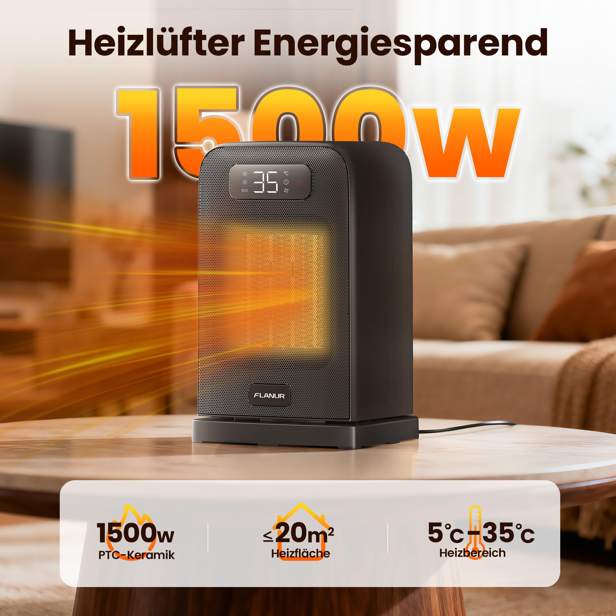 Heizlüfter Energiesparend, 1500W PTC Keramik Heizlüfter Leise, 26cm Elektroheizung mit Thermostat & Fernbedienung, ECO Modus, 70° Oszillation, 12h Timer, Überhitzungs-Kippschutz- Schwarz