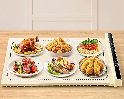 Bandeja de calentamiento eléctrica (grande de 24.4 x 16.14 pulgadas), plegable, portátil, tapete de calentamiento de silicona para alimentos, platos
