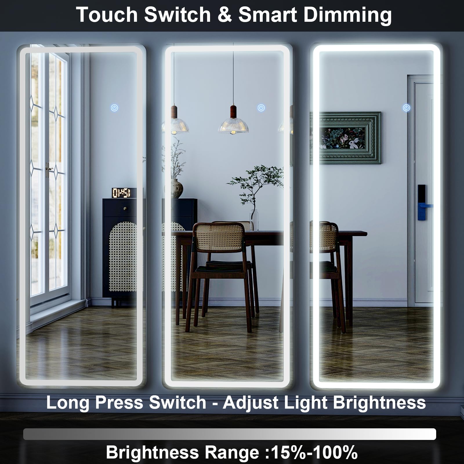 GLSLAND Lustro LED o pełnej długości - 142 cm x 50 cm lustro o pełnej długości ze światłem stojącym ze światłem do sypialni / szatni - ściemniane i 3 kolorowe oświetlenie / naścienne lustro na całe