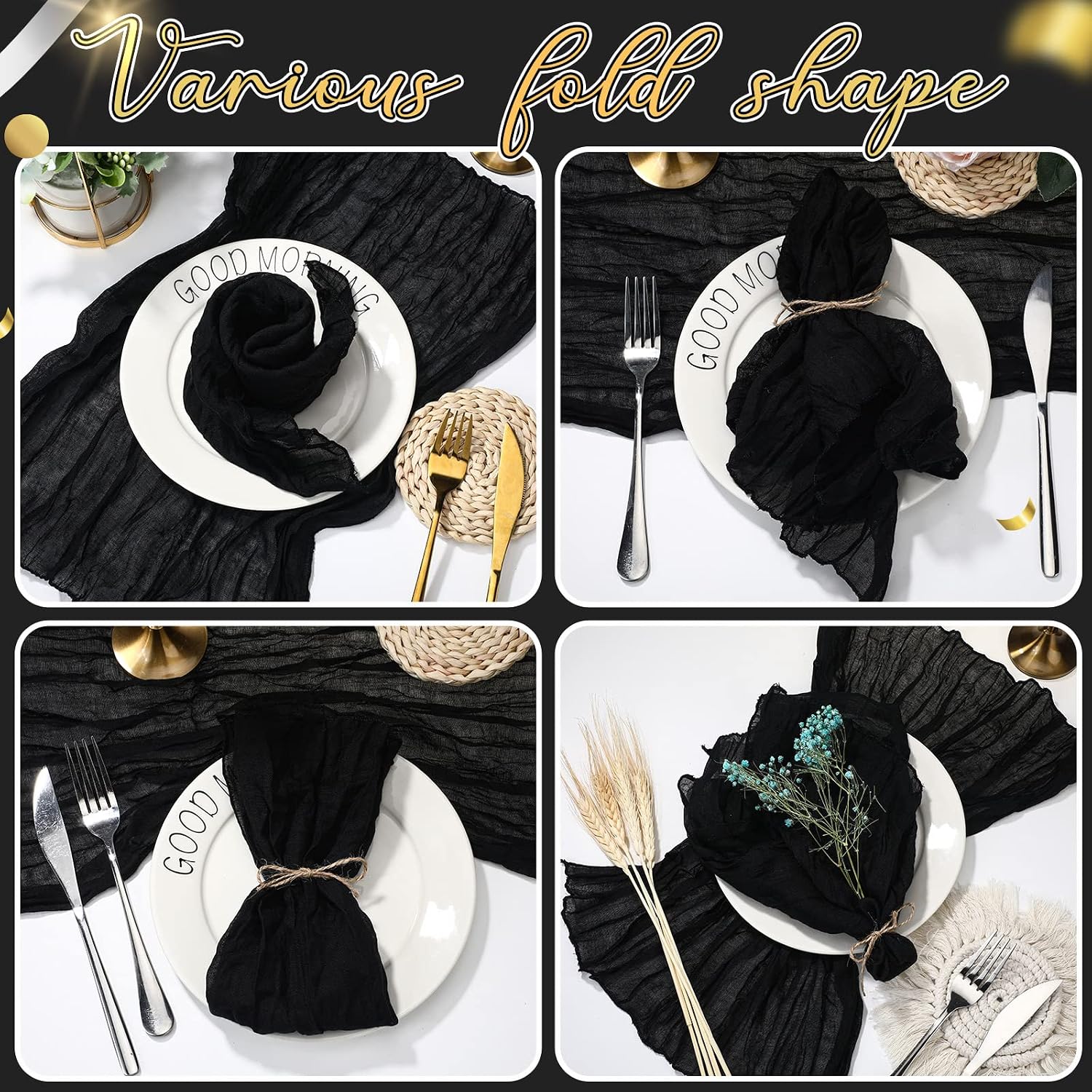 Mixweer 50 Pcs Cheesecloth Napkins 20 x 20 Inch Wrinkled Gauze Cotton Dinner Napkins Napkins Cheese Cloth Napkins Decorative Cloth Napkins Rustic Boho Table Napkins for Weddings Parties (Black)