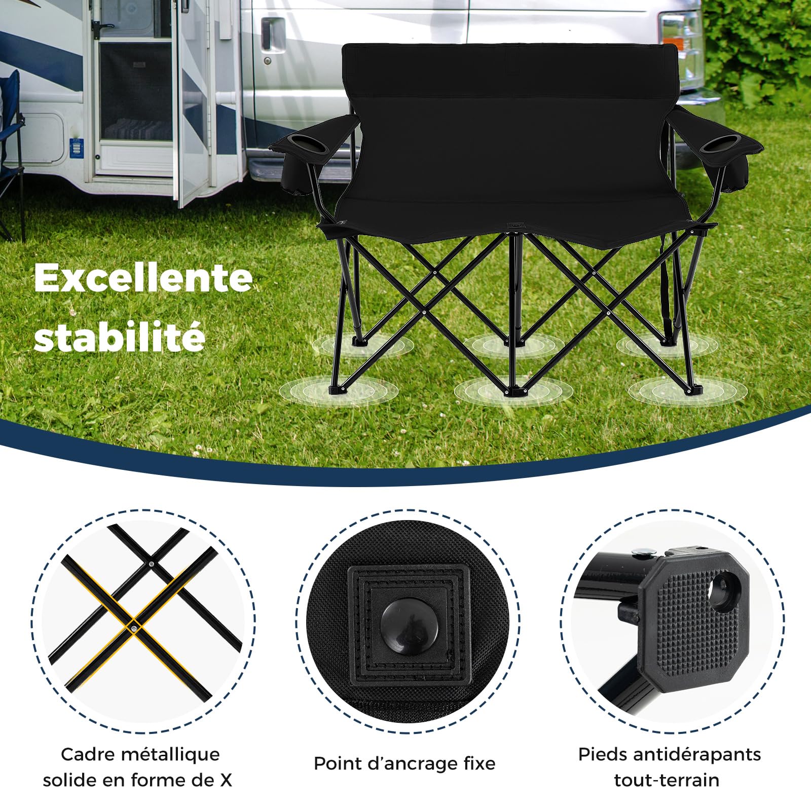 COSTWAY Chaise Pliante Camping à 2 Places, 132 x 66 x 96 cm, Charge 300 kg, Chaise de Jardin Exterieur, 2 Porte-Gobelets, Sac de Transport, Tissu Oxford, Fauteuil Pliant pour Plage Voyage Pêche (Noir)