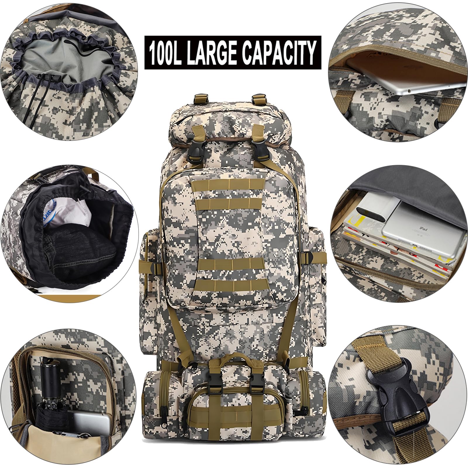 Grand Sac à Dos de Camouflage 2 en 1, 100L Sac à Dos de Randonnée Militaire Tactique Molle Sacs a Dos Etanche Survie Armee Sacs a Dos d'urgence idéal pour Trekking, Camping Voyage, Alpinisme