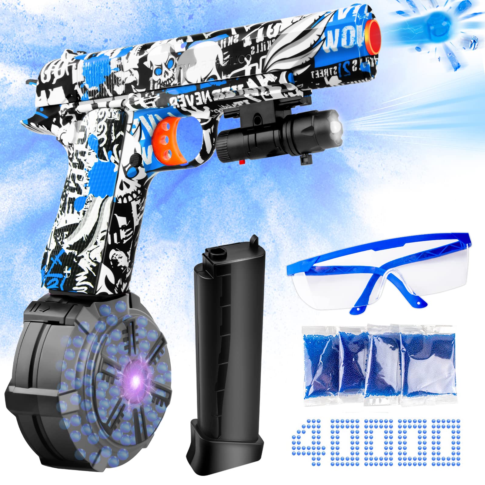 JM-X2 Gel Splatter Blaster Pistol for Orbeez with Drum and Sight, Manual and Automatic Burst Dual Mode with Linked Effects, with 40000 Gel Balls and Goggles for Shooting Team Game, Ages 12+, Blue