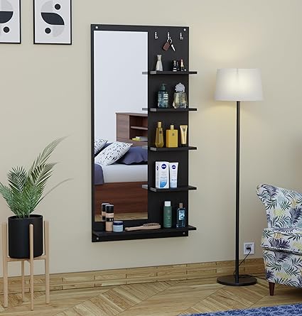 FURNIFLIX Engineered Wood Wall Mount Dressing Table Mirror with Shelves & Hooks - Matte Black Finish