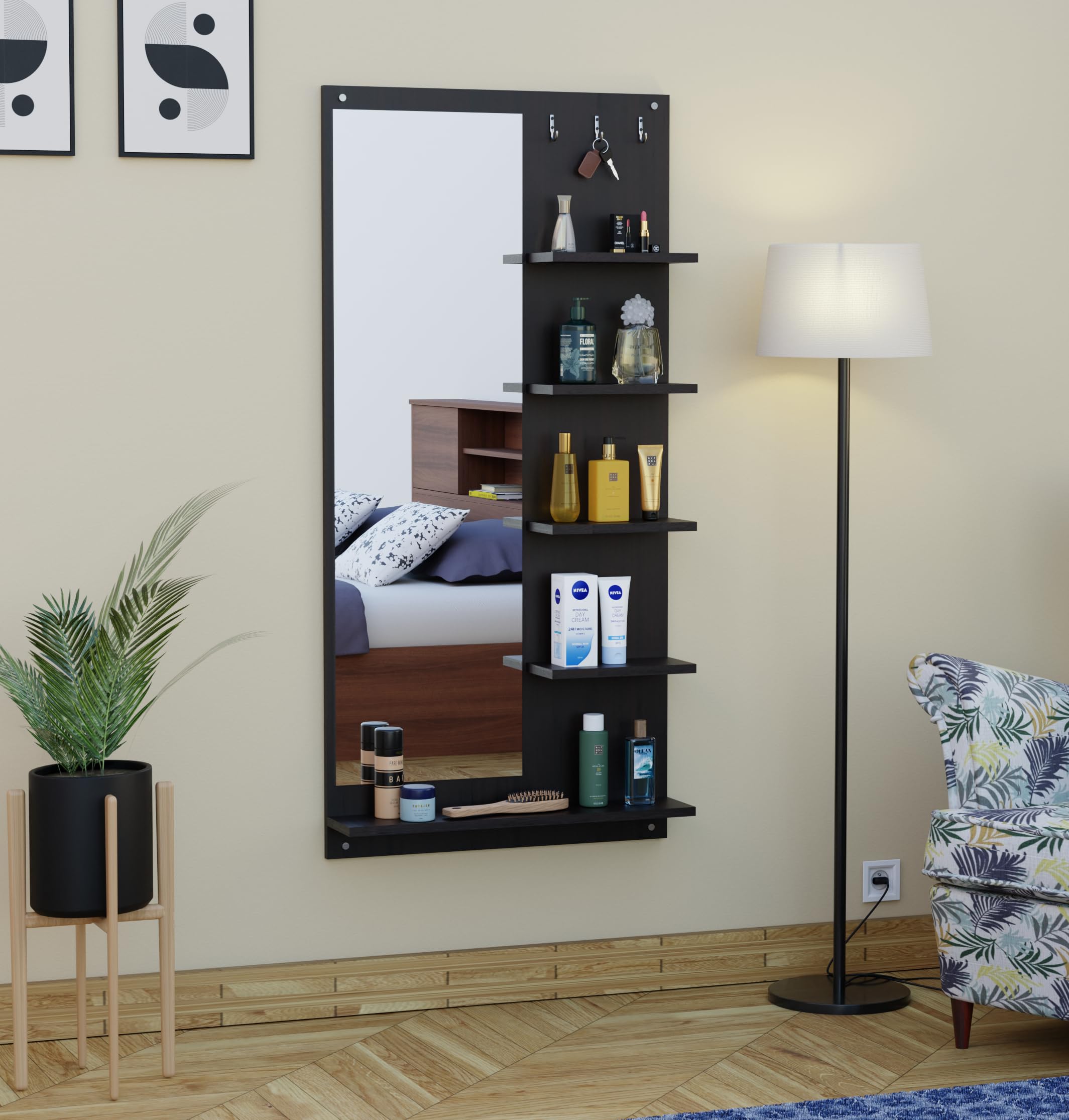 Engineered Wood Wall Mount Dressing Table Mirror with Shelves & Hooks - Matte Black Finish-image-17