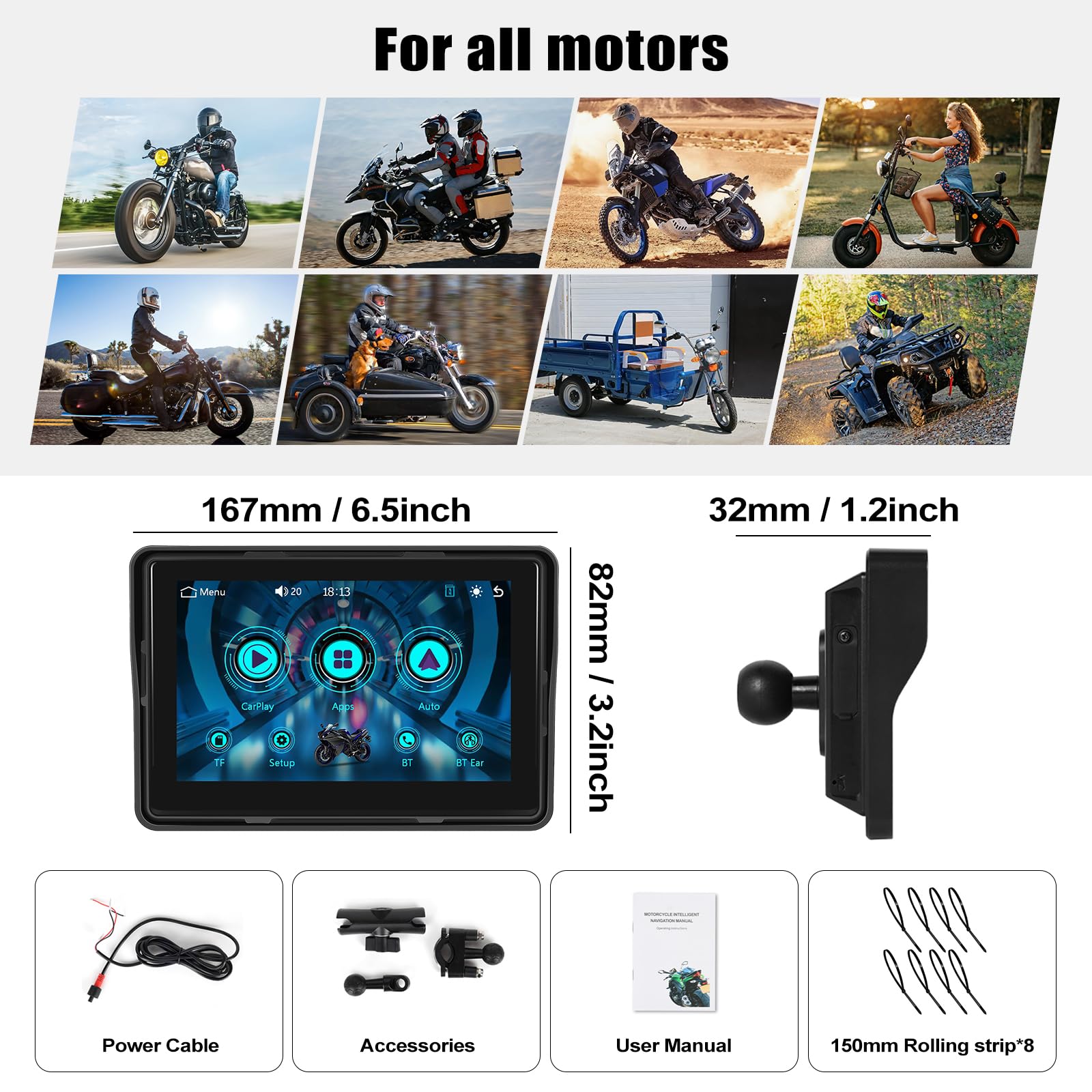 CAMECHO [2025] Carplay Motorbike Navi Schermo per Moto, 5 Pollici HD Touch Screen Impermeabile Dispositivi di Navigazione Moto con Seenza Fili Carplay Android Auto Bluetooth Display avec GPS FM EQ
