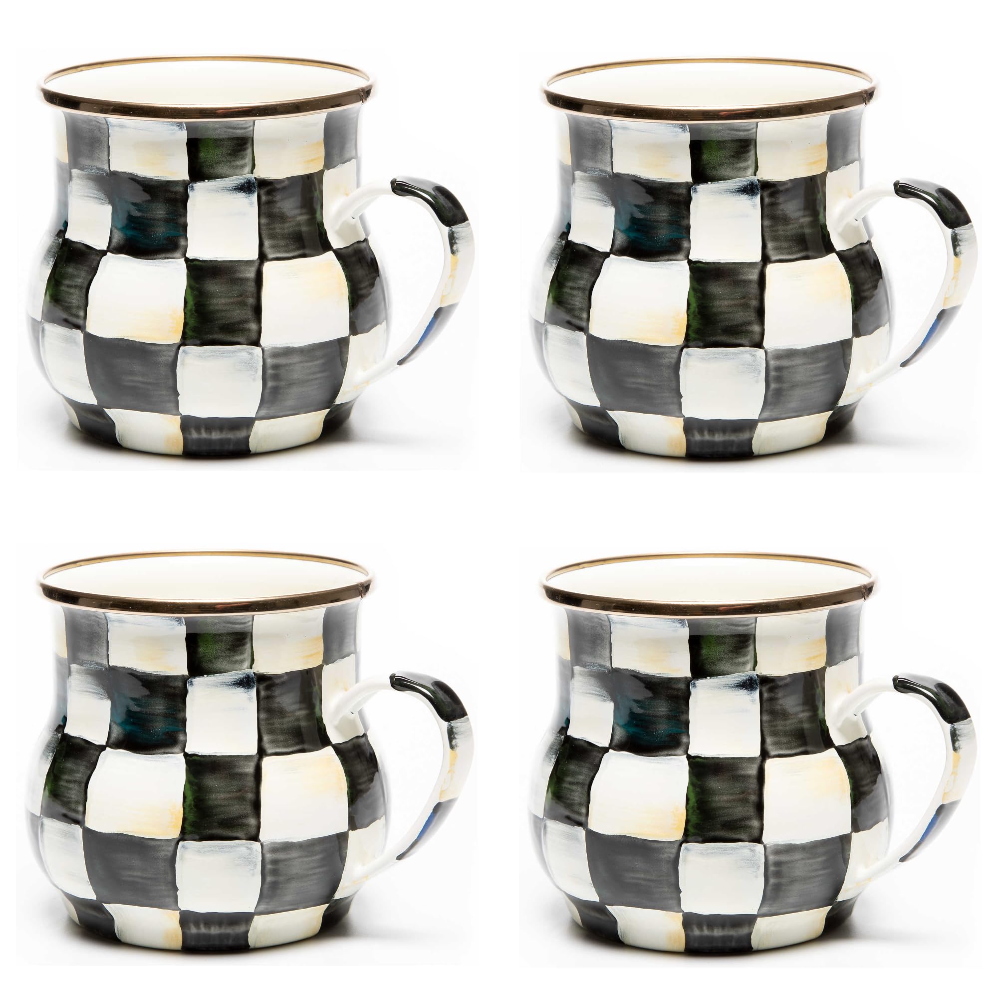 MACKENZIE-CHILDS Enamel Mug Cute Enamelware Coffee and Tea Mug Unique Drinkware 16 Ounces Black-and-White Courtly Check Set of