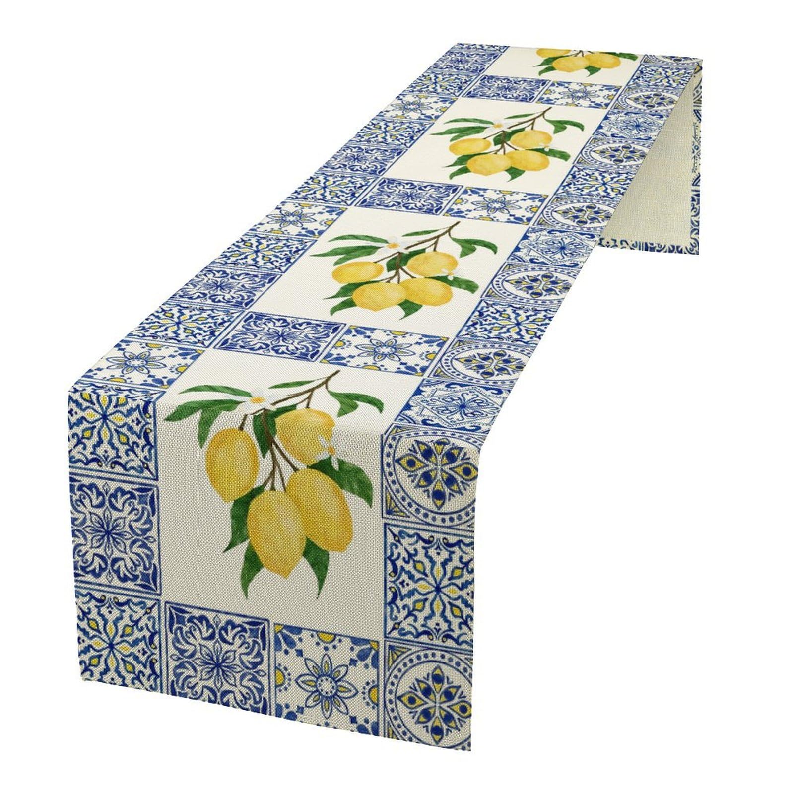 Photo 1 of JanJCurt Yellow Lemon Table Runner, Blue Tiles Summer Holiday Tasty Fruit Healthy Fruit Vintage Watercolor Rustic Botanic Table Cover for Party Picnic Dining Room Kitchen, 13x90inch