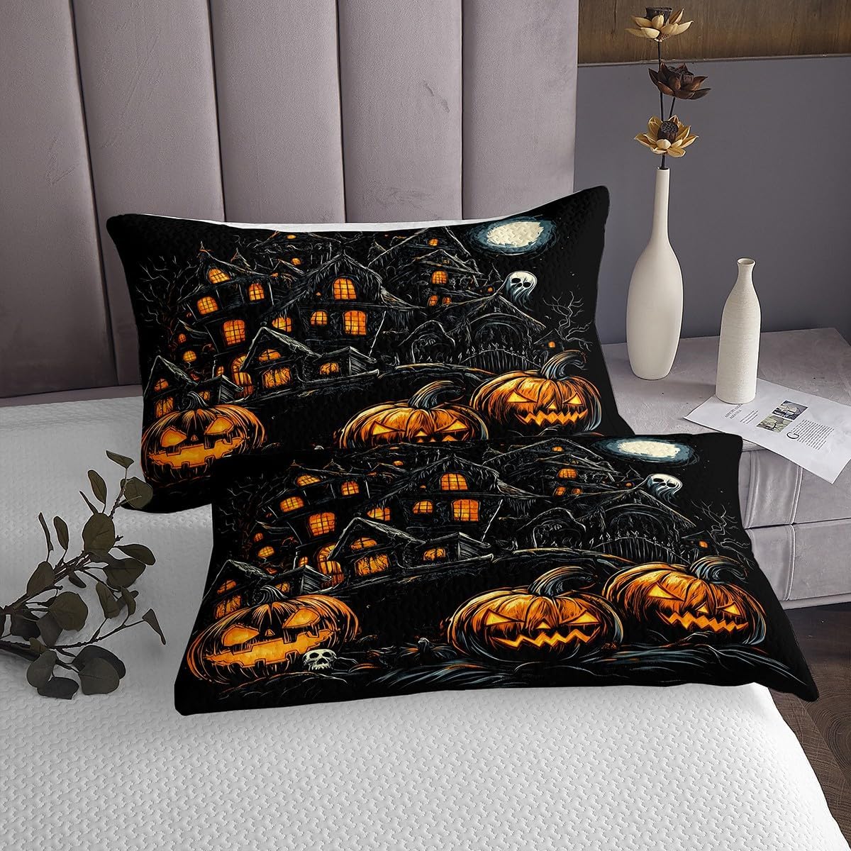Erosebridal Gothic Bedspread Set, Horror Pumpkin Lantern Coverlet Set Queen Spooky Dark Shadows Castle Quilted, Orange Halloween Lights Decor, Vintage Skeleton Halloween Decor