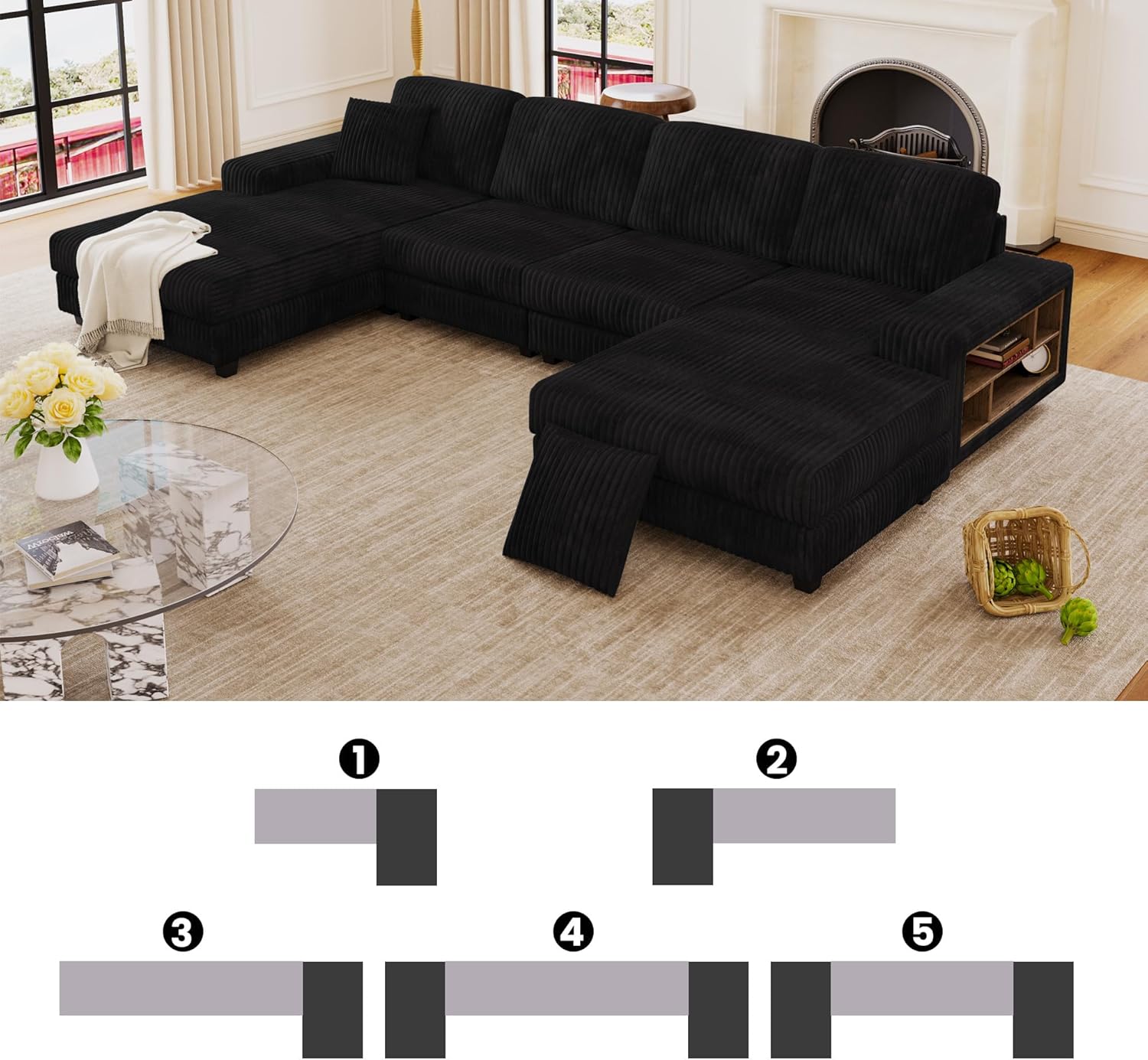 ERYE U-Shaped Modular Sectional Sofa Convertible Symmetrical Sofa Couch with Removable Chaise Lounges, U Shaped Double Chaises Sectional Couches with Storage Armrests