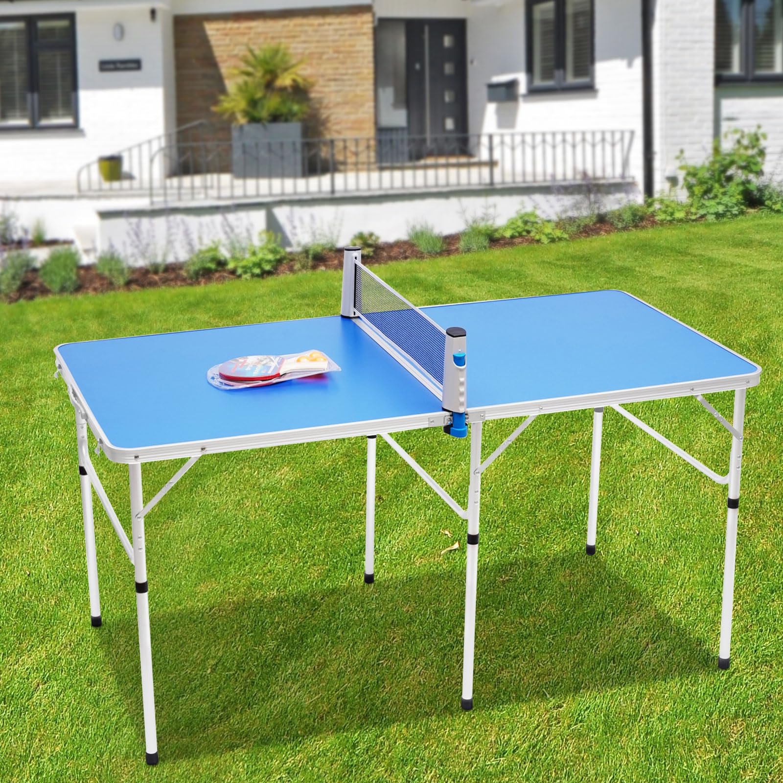 Tavolo da ping pong pieghevole, portatile, mini tavolo da ping pong, set di mini tavolo da ping pong, durevole – per interni ed esterni, a rete, palline, racchette, blu, 152 x 76 x 76 cm
