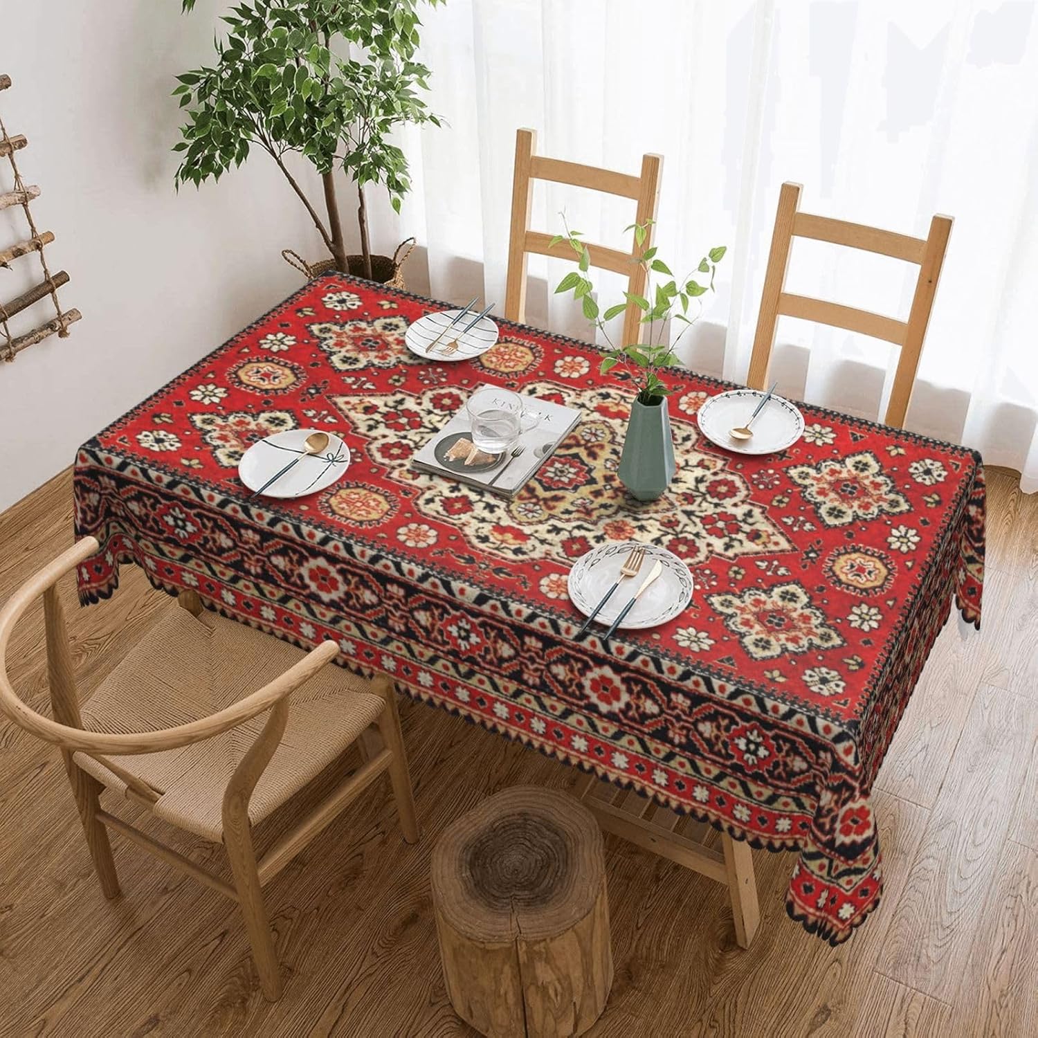 Royal Red Moroccan Tablecloth Old Red Persian Carpet Texture Abstract Table Cloth Rectangle Table Cover Kitchen Decorations for Home Dinner Party 54 x 72 Inch