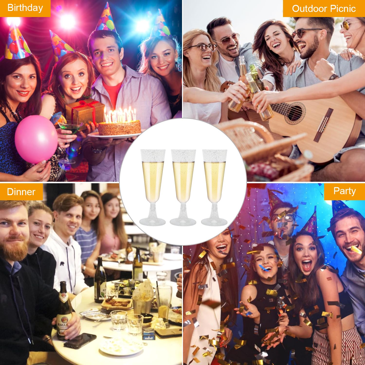 20 Pezzi Flute Plastica Riutilizzabili Argento 150ml, Calici Plastica Rigida Lavabili, Bicchieri Champagne con Tappo Vino Sottovuoto per Feste, Matrimoni