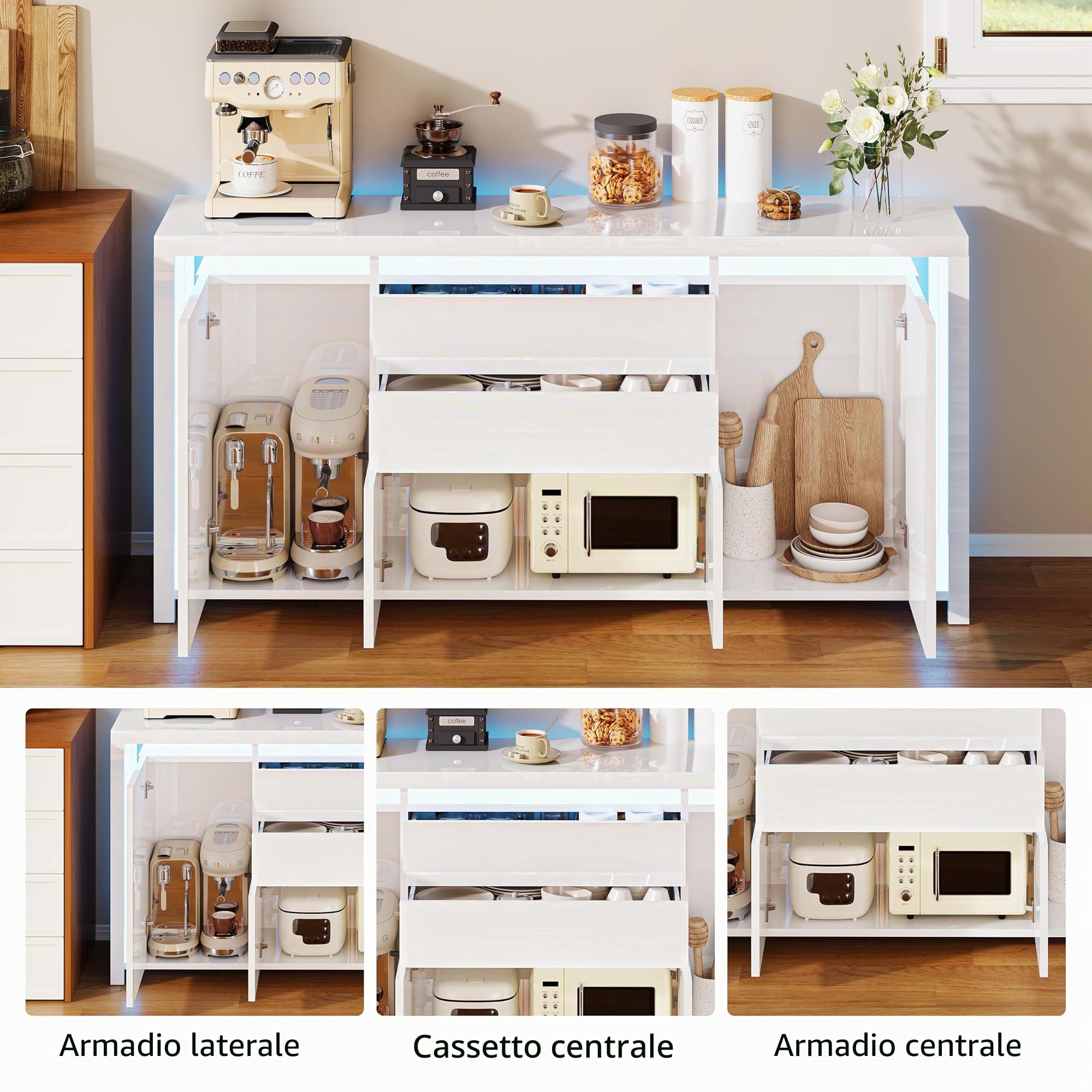 Comò bianco lucido con illuminazione a LED, credenza moderna con 2 cassetti e 4 armadi, armadietto per corridoio, buffet, TV, soggiorno, camera da letto, ufficio, corridoio