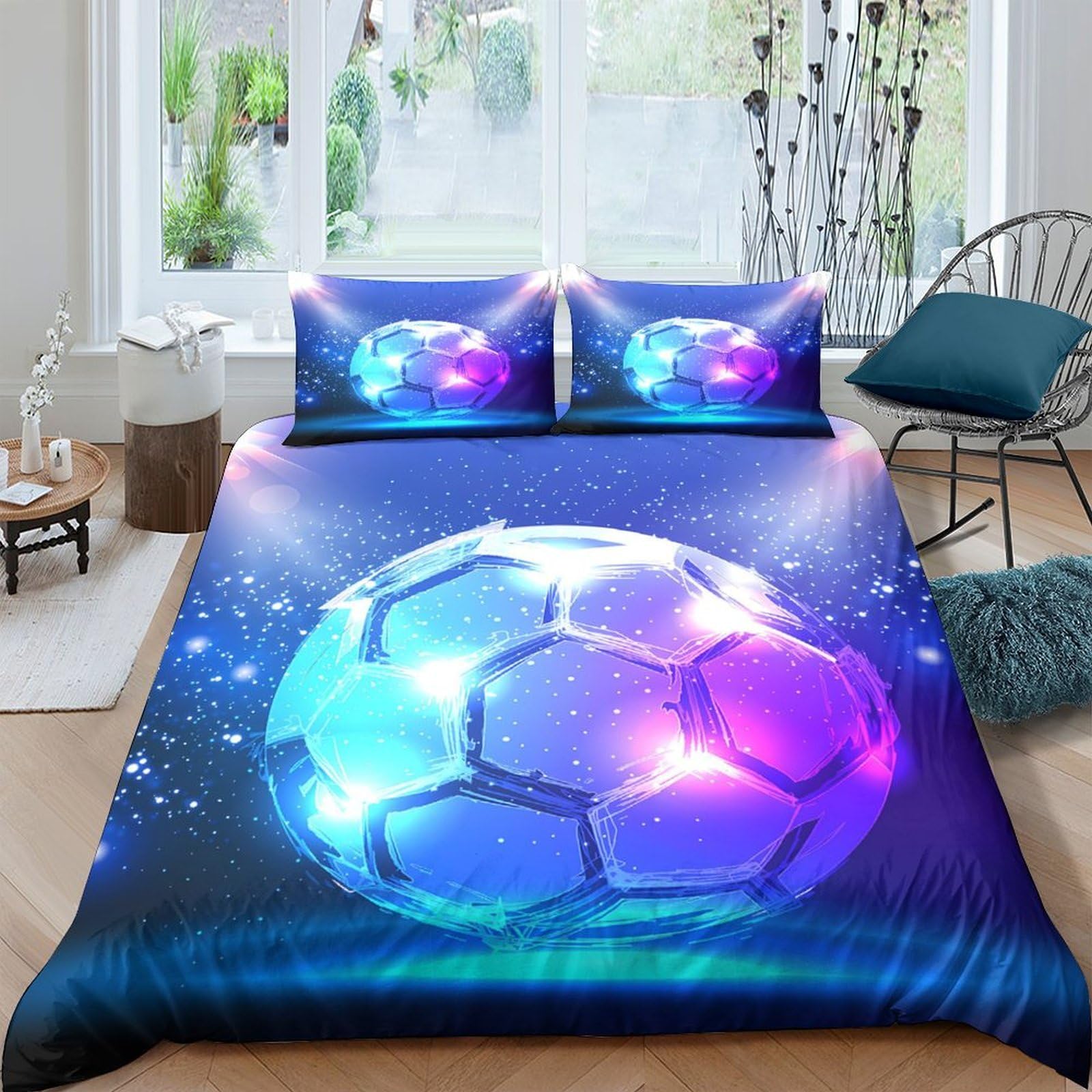 GPLZQXKJNH 3D Printed Neon Football Duvet Cover Microfiber Soft Breathable Futuristic Soccer Bedding Set with 2 Pillowcases for Bedroom Decor Single（135x200cm）