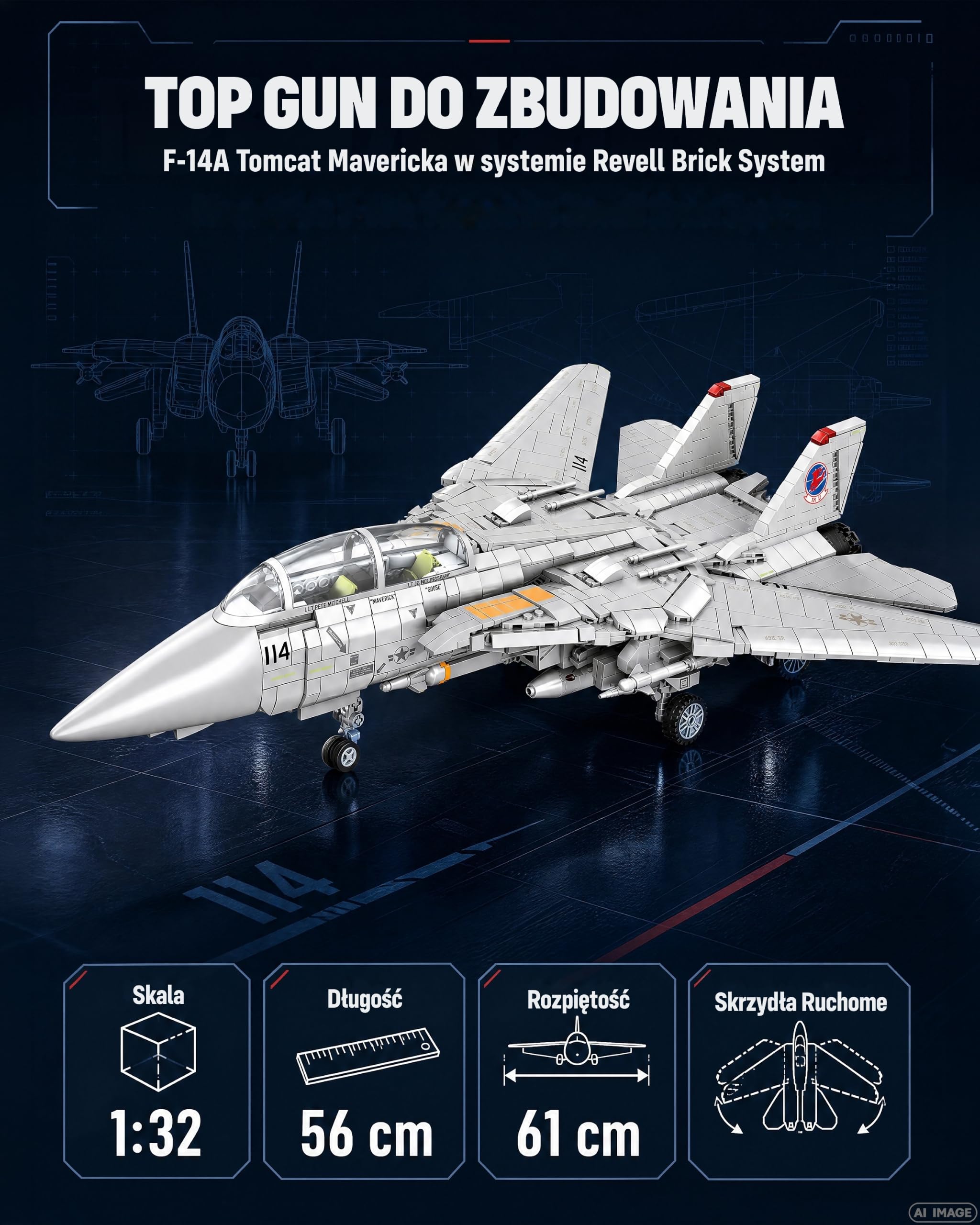 Revell Brick System 00963 Maverick's F-14A Tomcat Top Gun - zestaw modeli cegieł - skala 1:32 niezabudowana, długość 57,6 cm, ponad 2500 sztuk, zawiera figurki Maverick i Goose, stojak ekspozycyjny