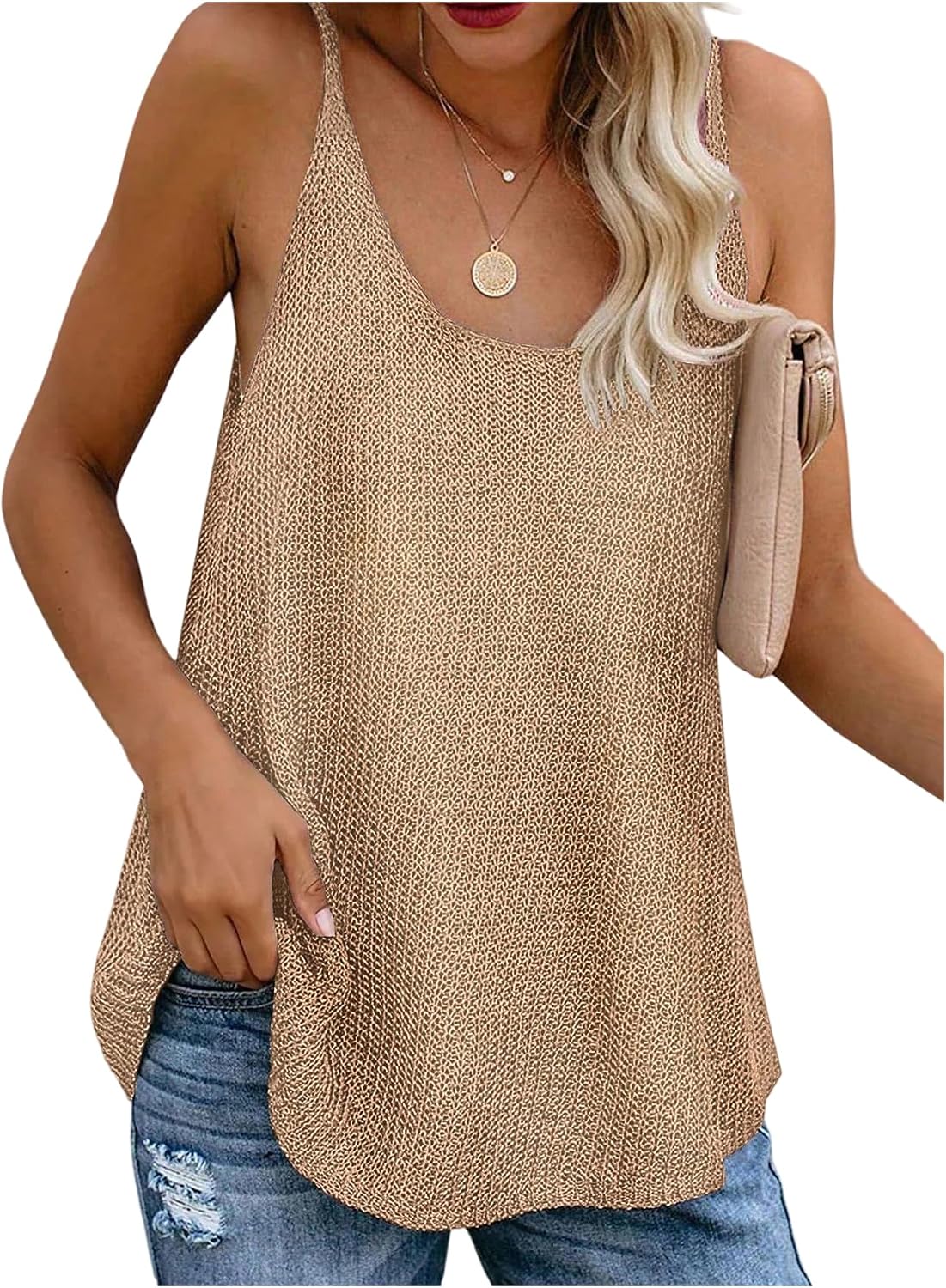 GORGLITTER Women's Crochet Knit Scoop Neck Cami Tops Loose Summer Beach Camisole Top