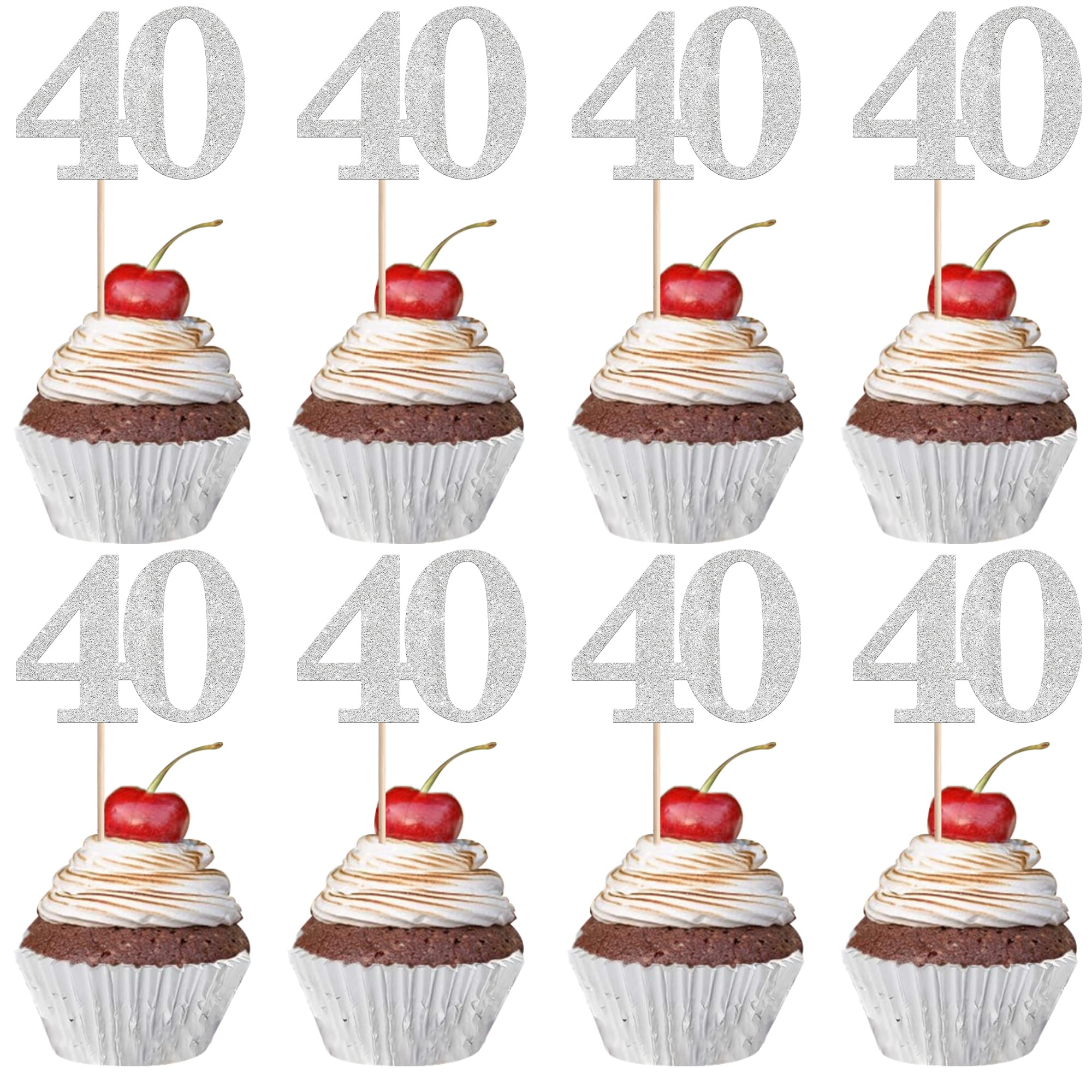 Xsstarmi 36 Pack Number 40 Cupcake Toppers Silver Glitter Cheers to 40 Years Birthday Cupcake Picks Decoration for Happy 40th Birthday Wedding Anniversary Party Cake Decorations