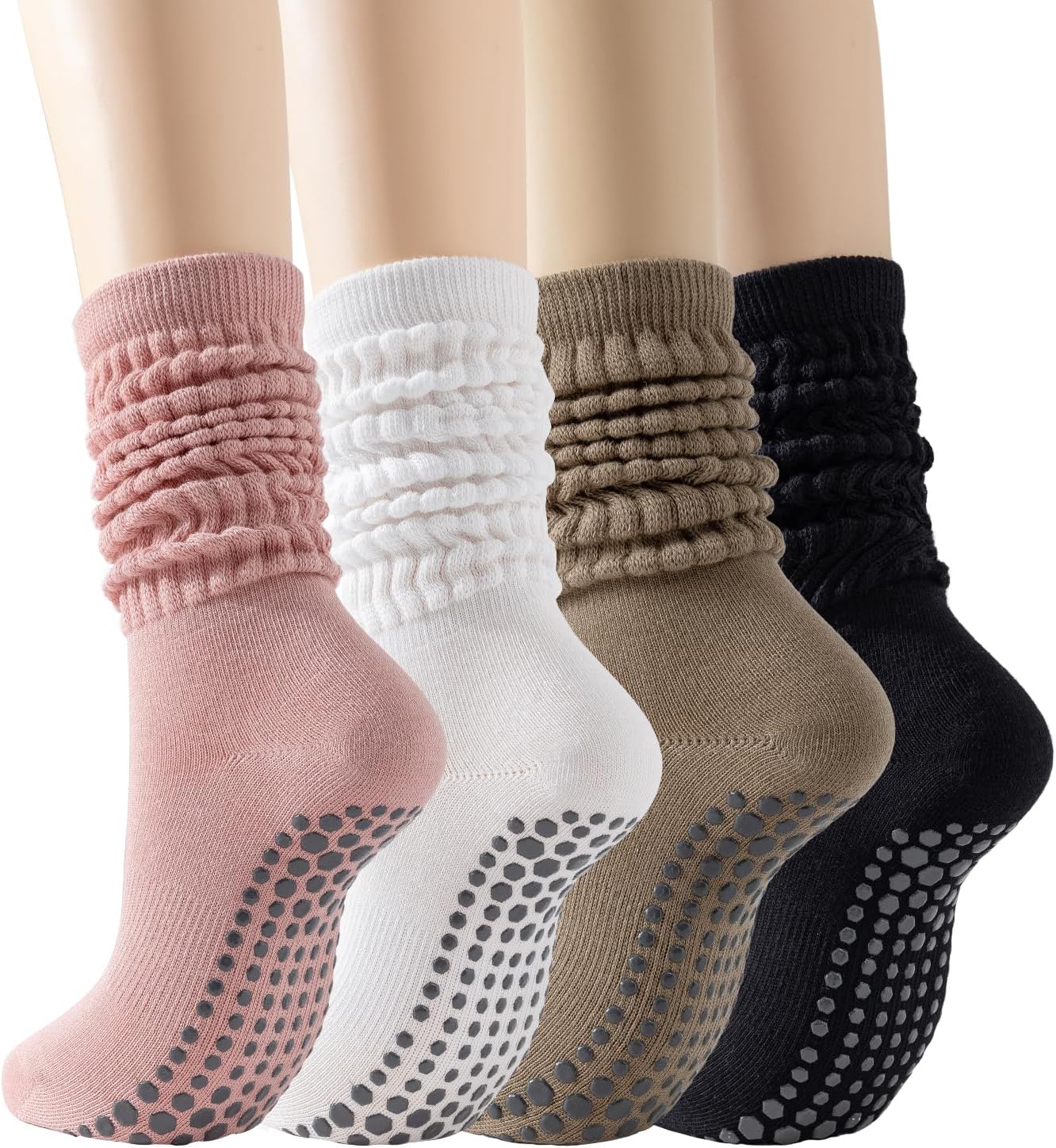 4 Pairs Pilates Grip Socks for Women, Long Non Slip Yoga Sock Calf Socks, Cotton Knee High Scrunch Grippy Socks