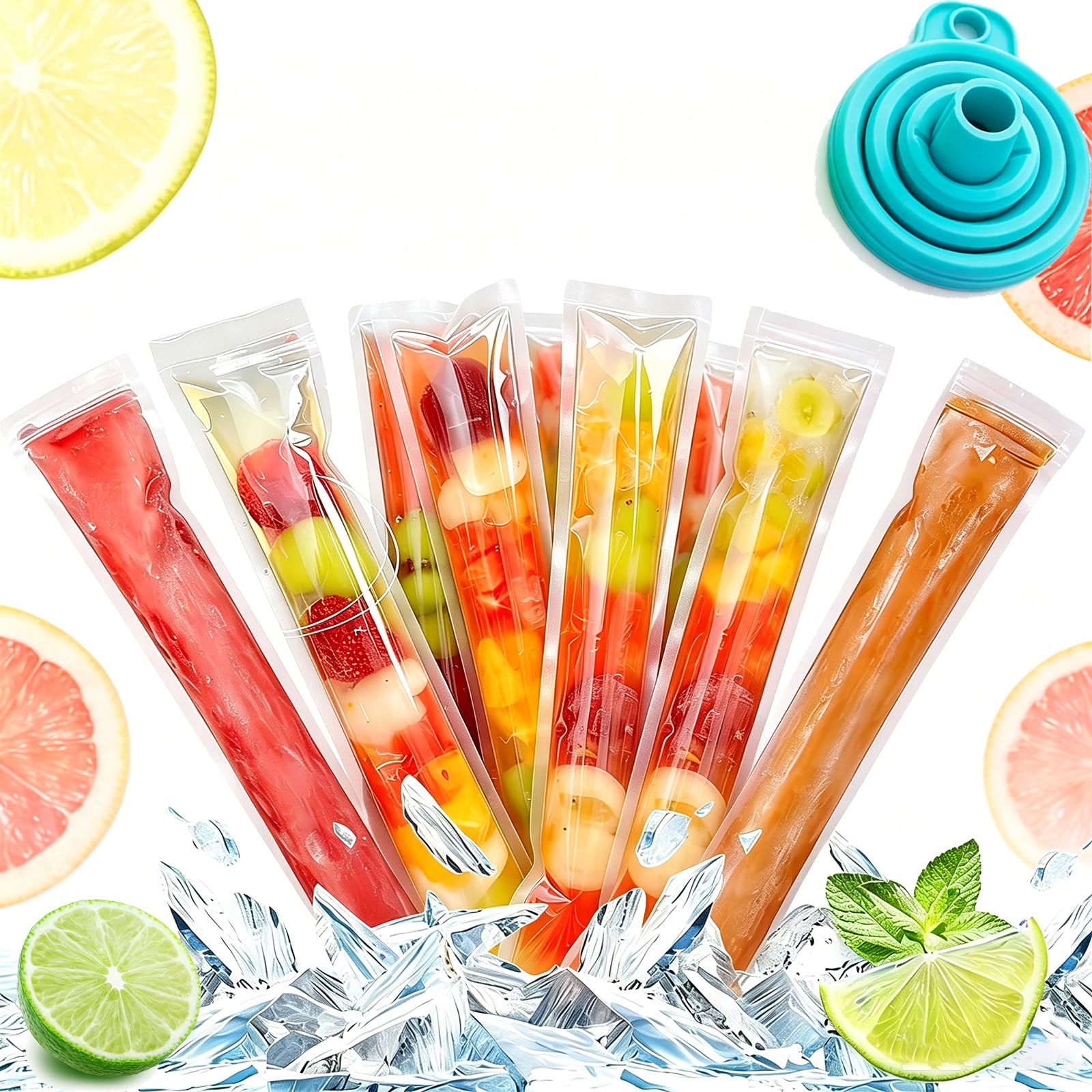 100 PCS Food-grade Disposable Popsicle Bags, Practical DIY Ice Pop Bags, Ice Popsicle Mold Bags with Sealable Openings & Foldable Funnel, Freezer Tubes for Popsicles, Yogurt, Juice (100 Pcs)