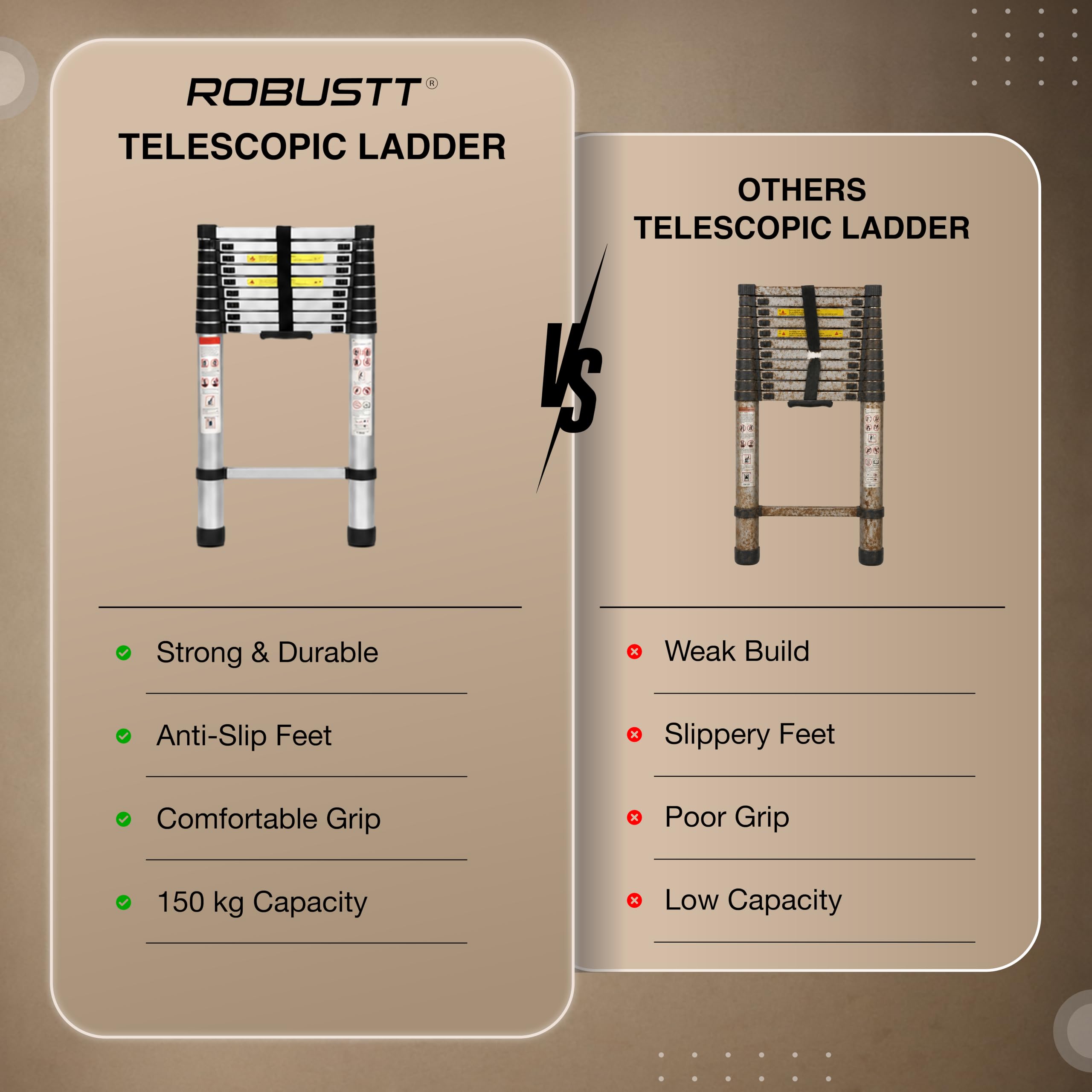 Robustt 9.5 FT / 290 Cm Telescopic Folding Ladder | 150 kg Load Capacity| Locking Steps| Collapsible | Portable Ladder for Home, Construction and Outdoor use | 2 Years Warranty — Amazon image 5