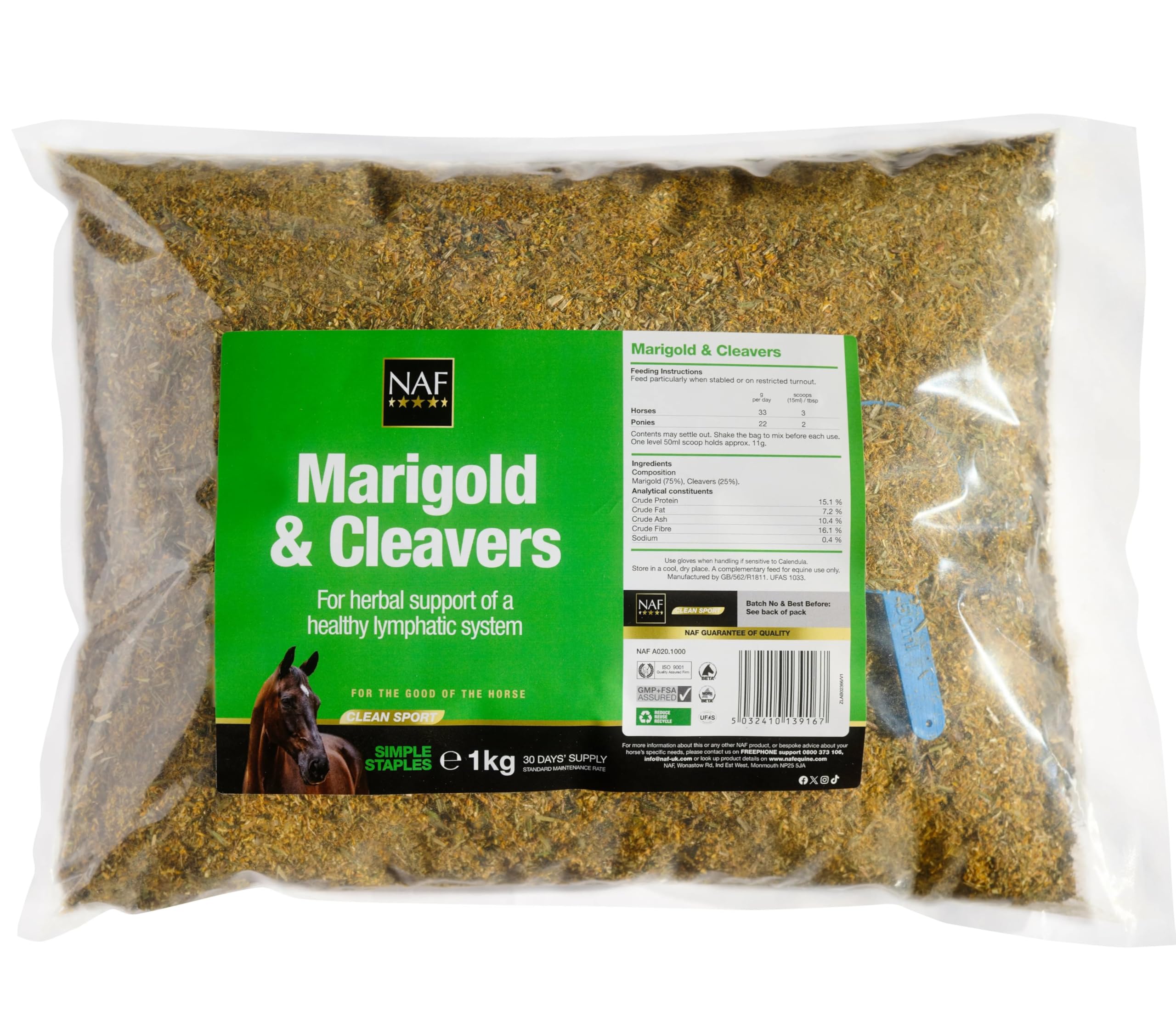 NAF Marigold & Cleavers, 1kg, Herbal Support for Equine Lymphatic System, 30 Days Supply