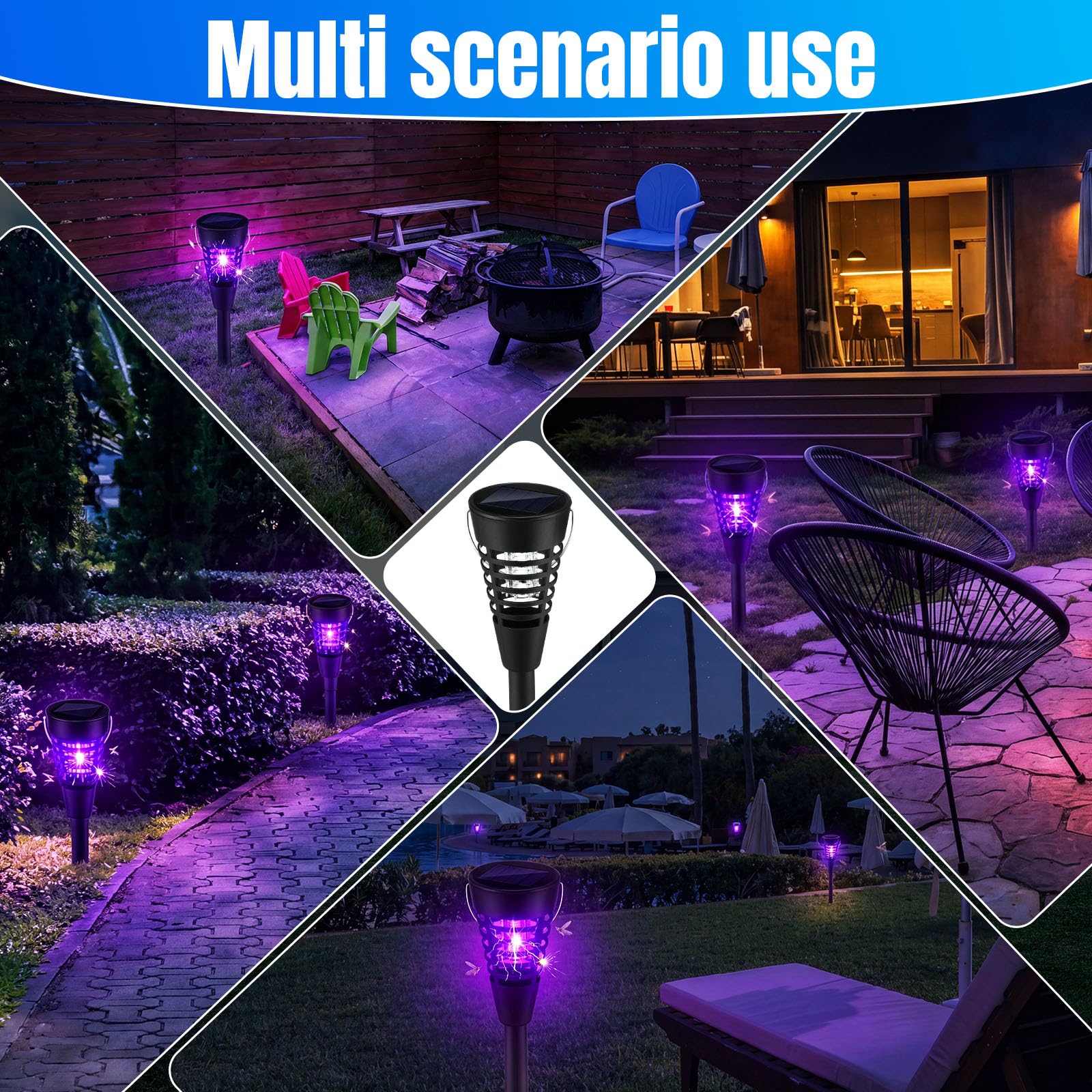 Qualirey 4 Stück Solar Insektenvernichter & Mückenvernichter für den Außenbereich, wasserdicht, kegelförmiges LED-Licht, Mückenschutz für Terrasse, Garten, Hof, Camping – Hänge-/Einsteckdesign