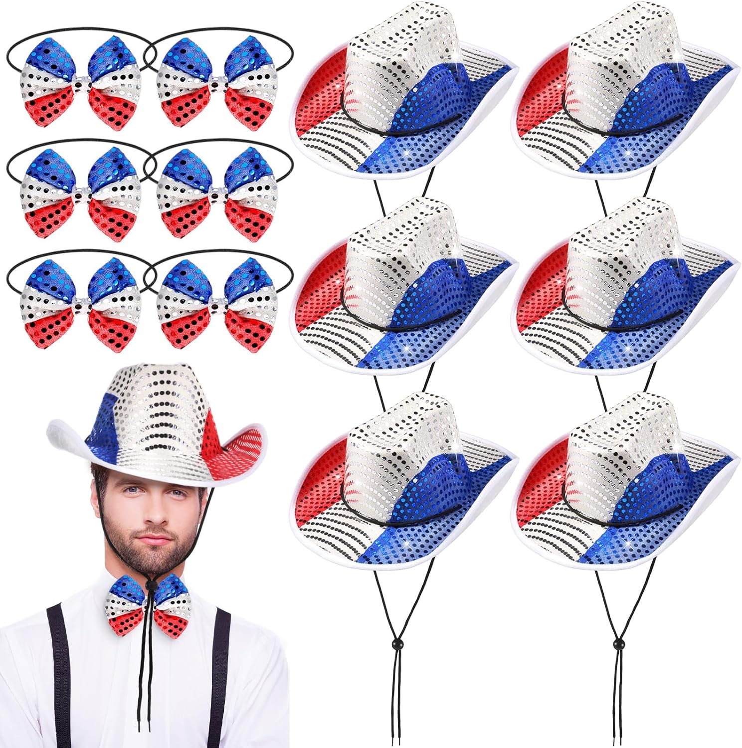 Halfchet 12 Pcs/6 Sets Patriotic Cowboy Hats Bulk 4th of July Sequin Hats with Bow Ties USA Red Blue White Costume Accessories for Women Men Independence Day Western Party Supplies