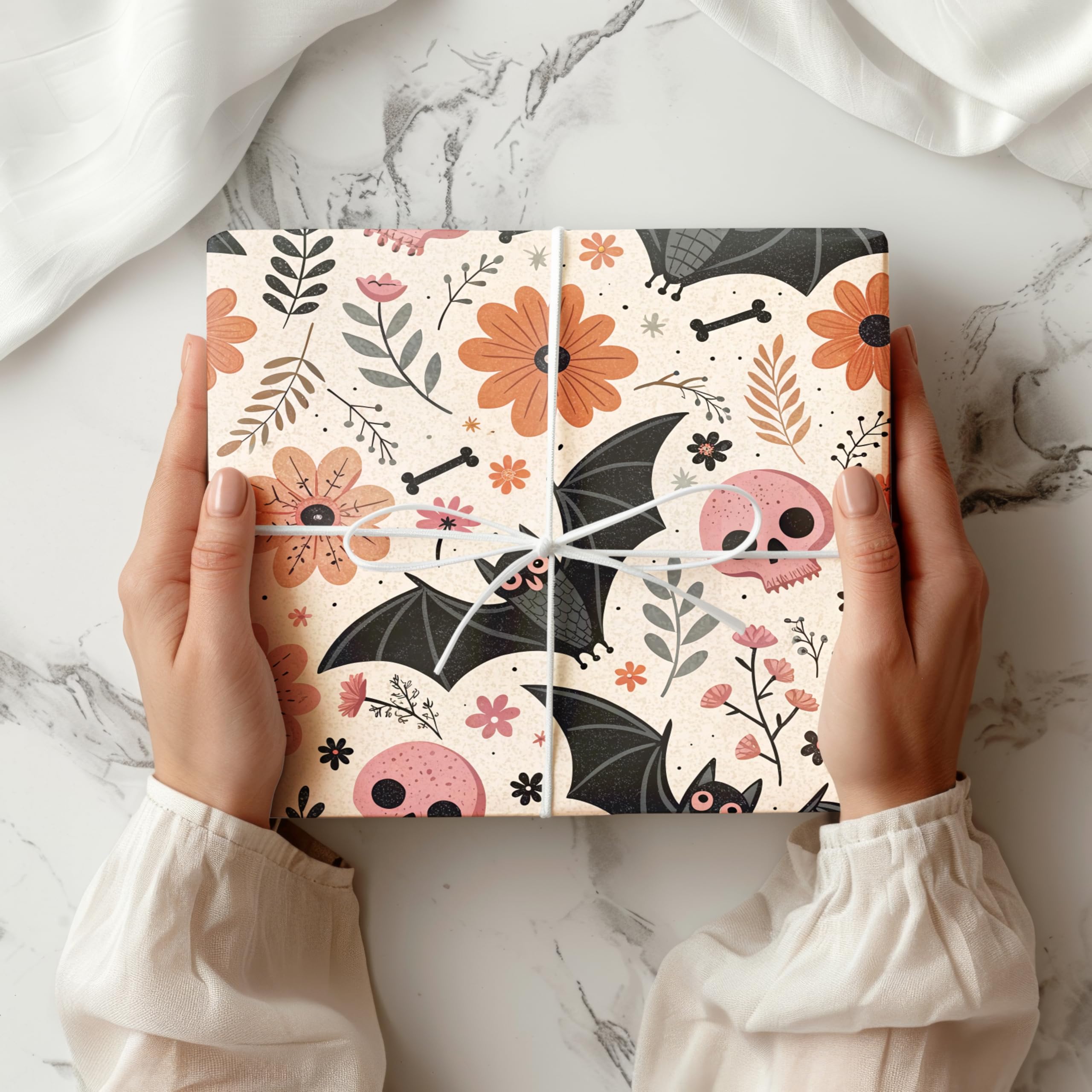 Halloween Wrapping Paper Sheet, Cute Bats, Skulls & Flowers, Ideal for Halloween Parties, Birthdays & Spooky Gifts - W128 (1 Meter Roll - 58cm x 100cm/ 22.8" x 39.3")