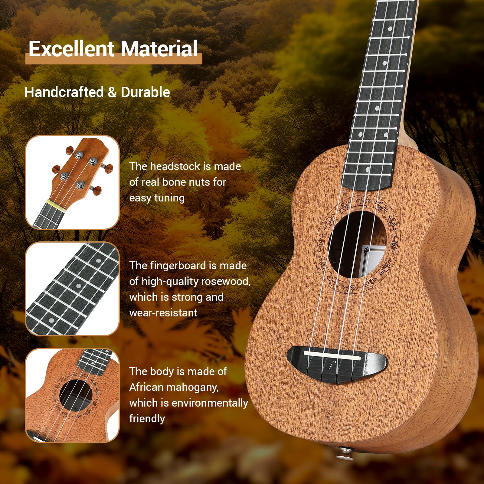Ukulele Kinder Erwachsene Anfänger, 21 Zoll Sopran Ukulele Handcraft, Mahagoni Holz Hawaii Gitarre mit Saiten Gurt Plektren Professioneller Gigbag, Kleine Instrument Kindergitarre ab 6 jahre, Braun