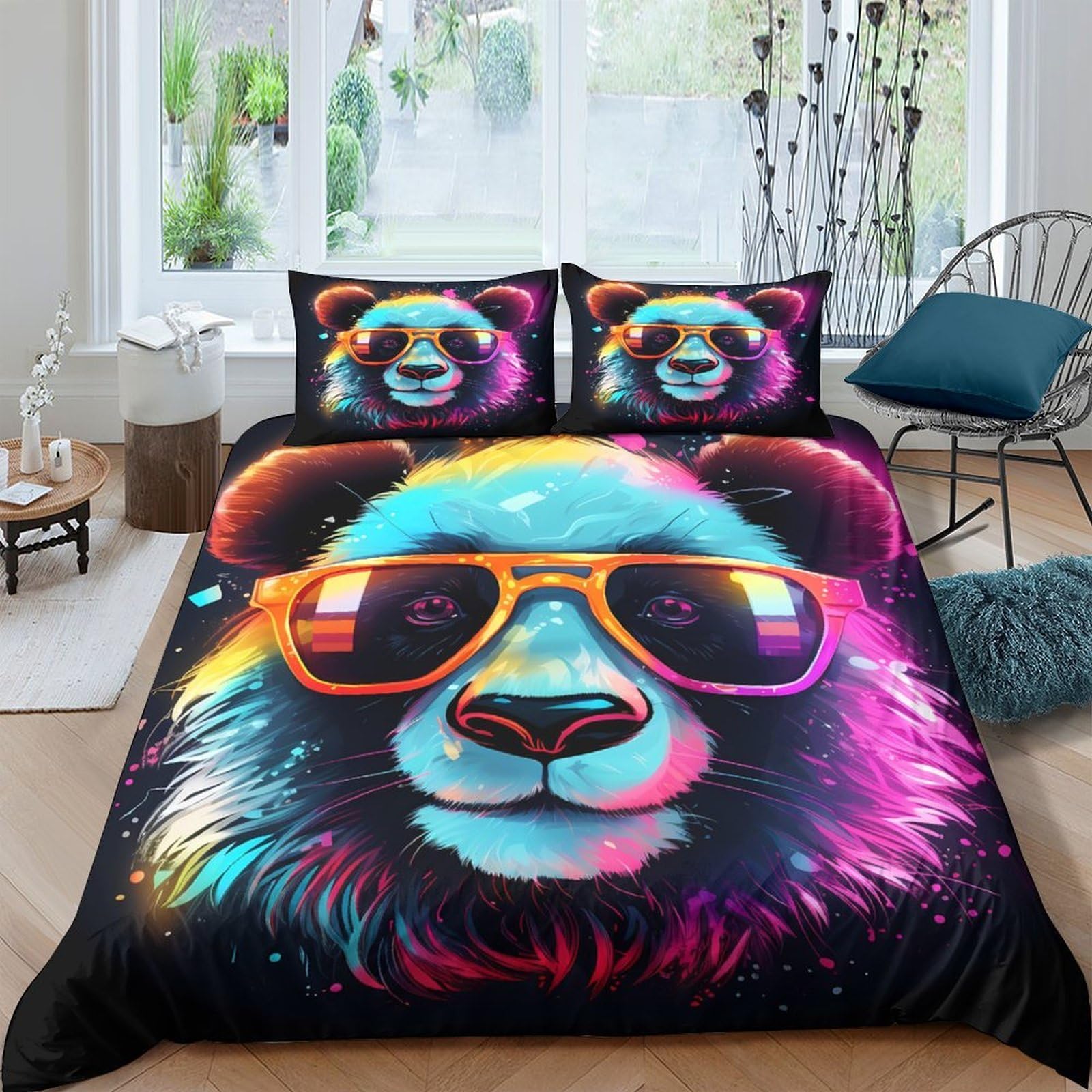 TUFRTGYHN 3D Printed Neon Panda Duvet Cover Set Microfiber Soft Breathable Animal Bedding with 2 Pillowcases for Bedroom Decor Single（135x200cm）