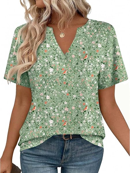 Zeagoo Tshirt Damen Sommer V Ausschnitt Oberteile Kurzarm Shirt Basic T Shirt Elegant Locker Tunika Bluse S-XXL - 1