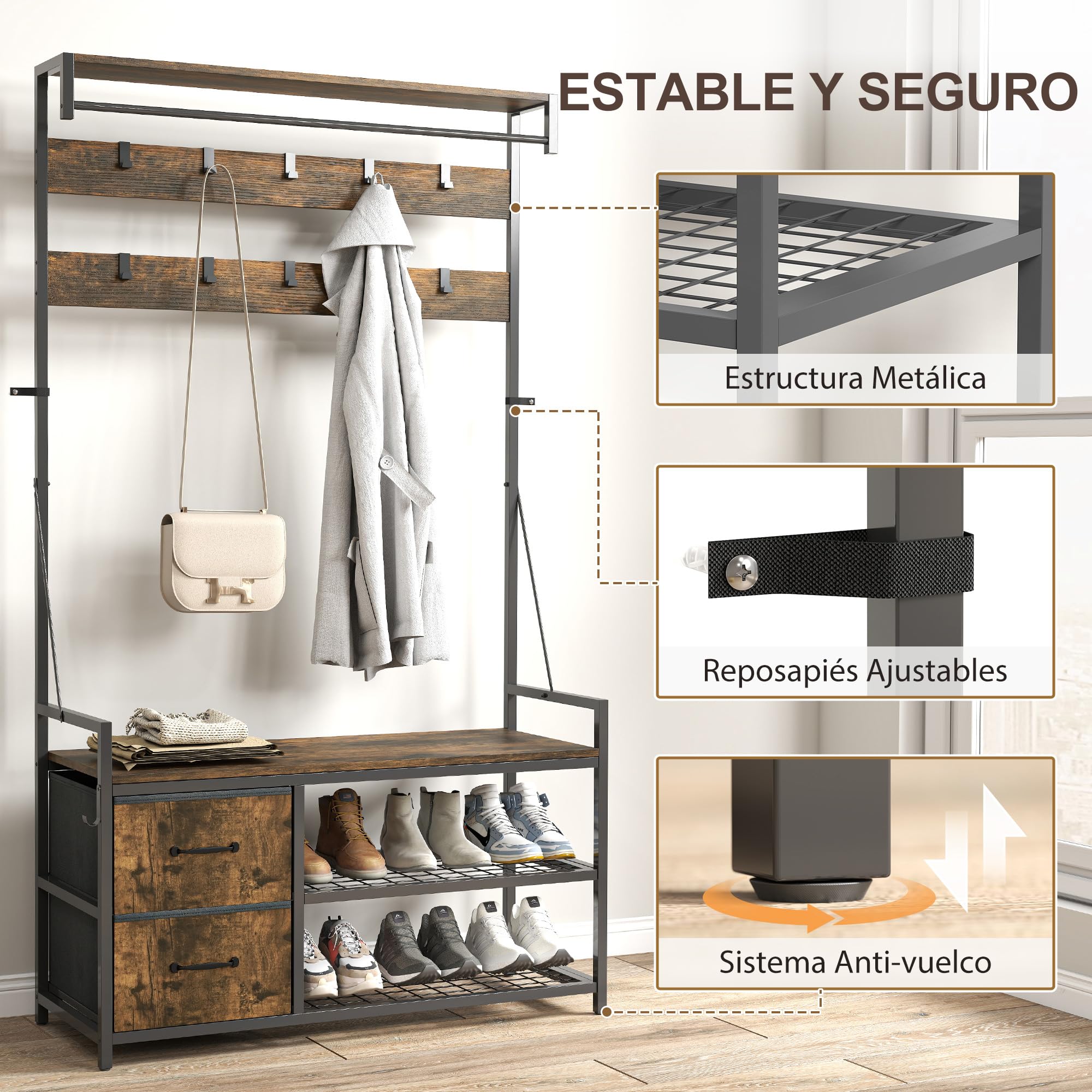 HOMCOM Perchero Zapatero 6 en 1 2 Cajones 100x40x180 cm Marrón Rústico | Perchero Entrada Recibidor, Zapatero Doble, 10 Ganchos Ajustables, Barra Colgante, Estilo Industrial, para Pasillo