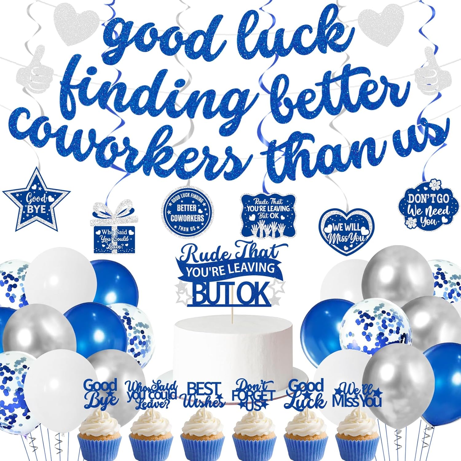 Blue & Silver Coworker Farewell Party Supplies: Banners, Balloons & Decor