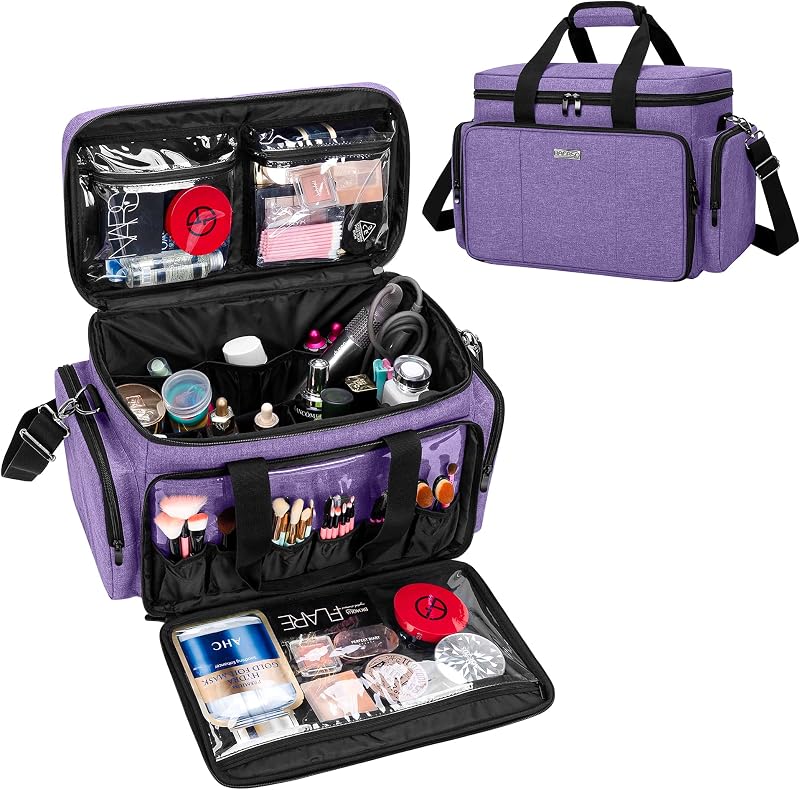 Large Makeup Bag Cosmetic Bag with Removable Dividers, Purple | Travel Makeup Case Holds Cosmetics and Hair Supplies.