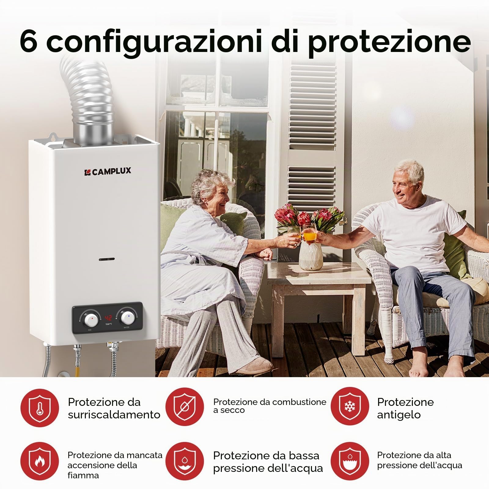 CAMPLUX BD300NG Scaldabagno a Gas 11 Litri, ErP/Low NOx, a Metano, 20mbar, 22kW, 3V, Bianco