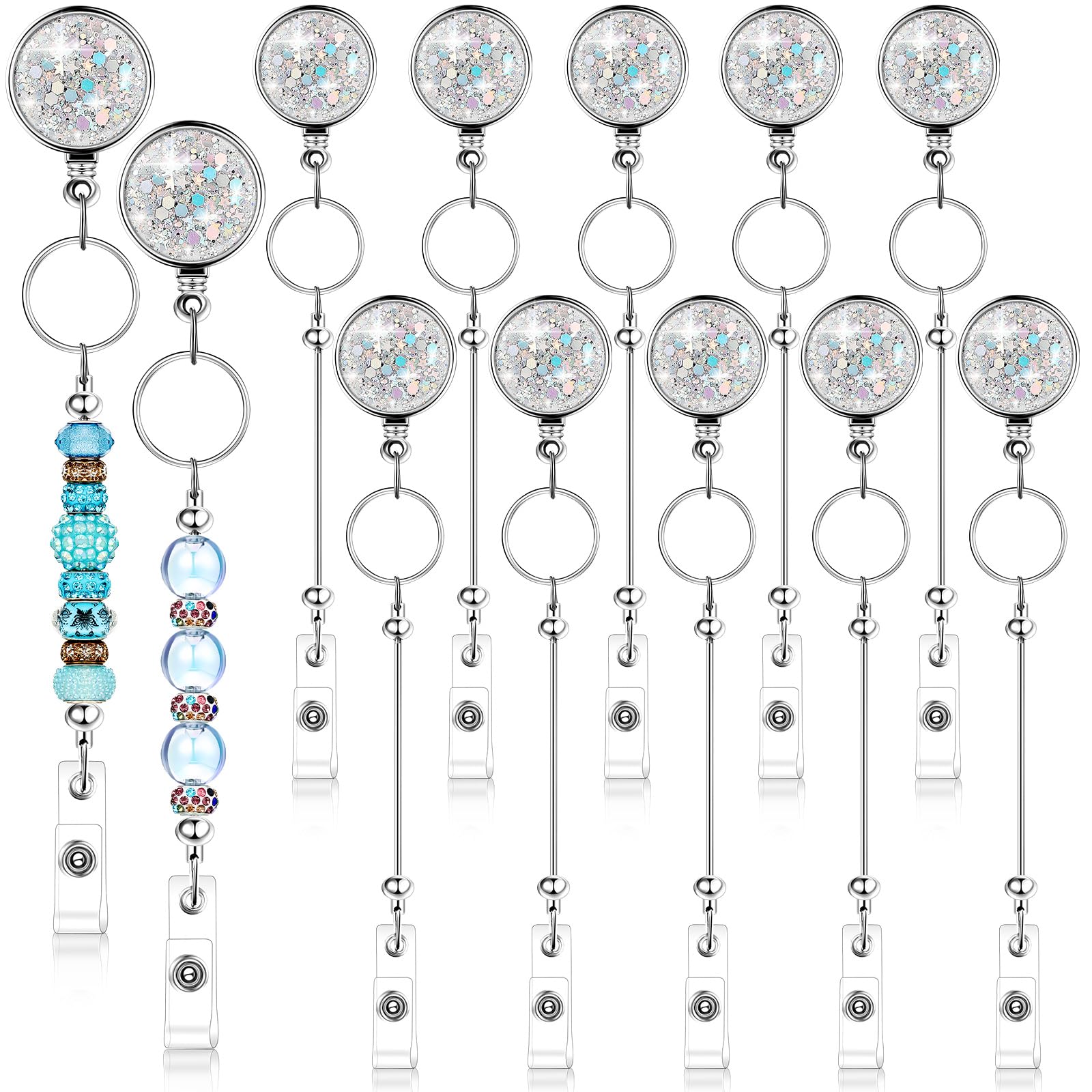 Ferreve 10 Pcs Beadable Badge Reels Glitter Retractable Badge Holder Blank Bar DIY ID Name Reel Clips Holder for Beads with Key Ring Belt Clip DIY