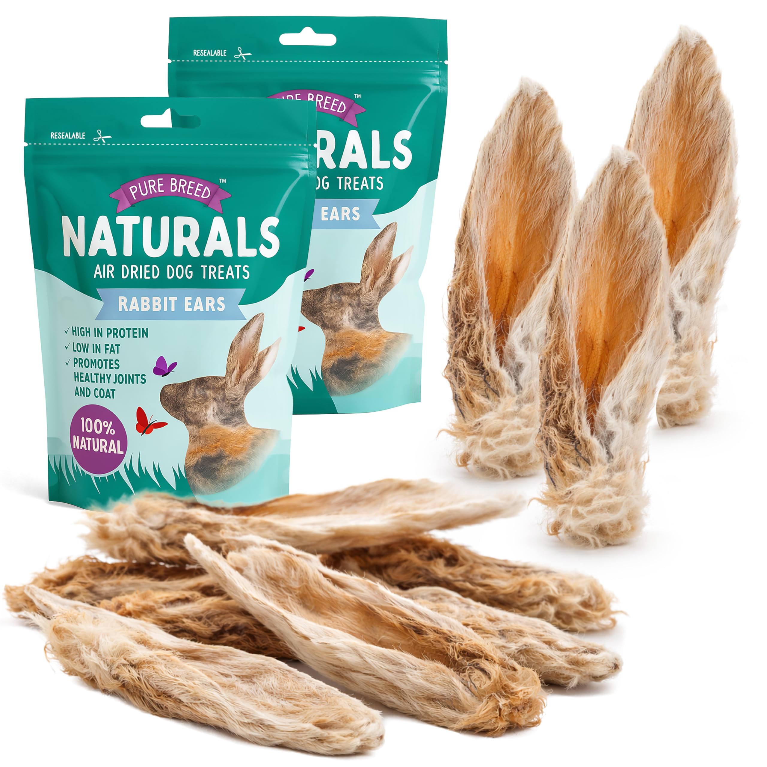 Pure Breed 6pk Rabbit Ears with Fur for Dogs - 300g Natural Dog Treats Rabbit Ears for Puppies and Large Dogs All Breeds - Natural Dog Chews Air-Dried Single Ingredient - 6pk x 50g