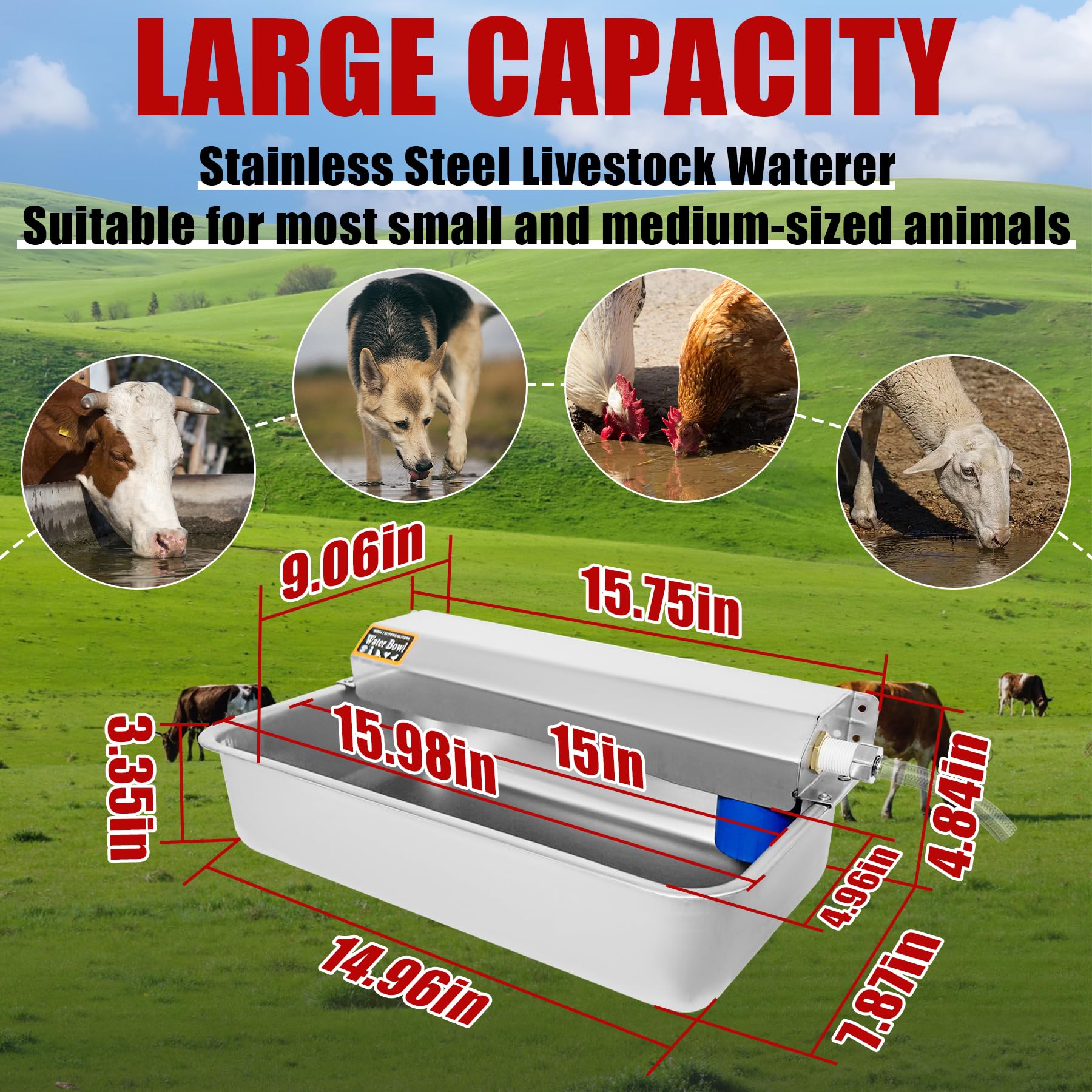 Dispensador automático de agua para perros de 2 galones/7.57 litros, cuenco de agua para perros al aire libre, alimentador de agua de llenado automático, de acero inoxidable, grande, para