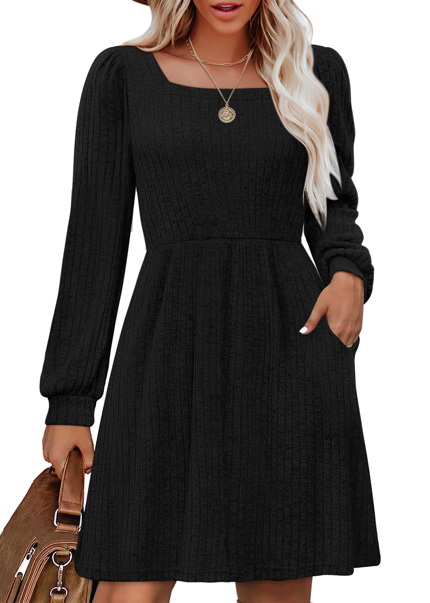 Womens Knit Sweater Dress with Pockets Square Neck Long Sleeve Dresses