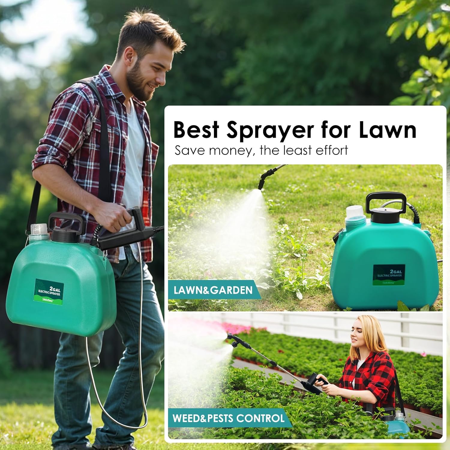 Battery Powered Sprayer 2 Gallon, 2025 Upgraded Electric Weed Sprayer with 3 Spray Forces, Battery Indicator, Rechargeable Handle,4 Mist Nozzles,23.6" Retractable Wand,Shoulder Strap, for Lawn&Garden