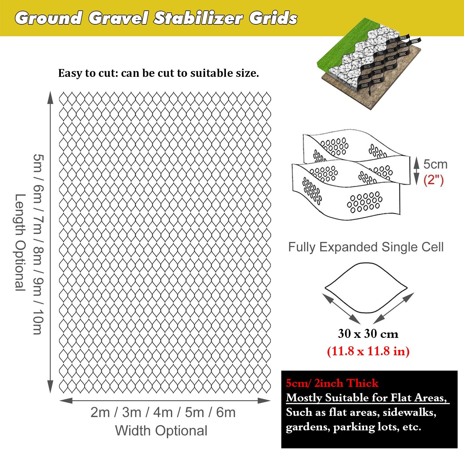 Geo Grid Stabilizer Siatka geosiatkowa do ochrony skarp koryta rzeki z otworem drenażowym, dwukierunkowa siatka stabilizująca do kontroli mułu do wzmacniania(5cm/2in,2m x 9m (6.5ft x 30ft))