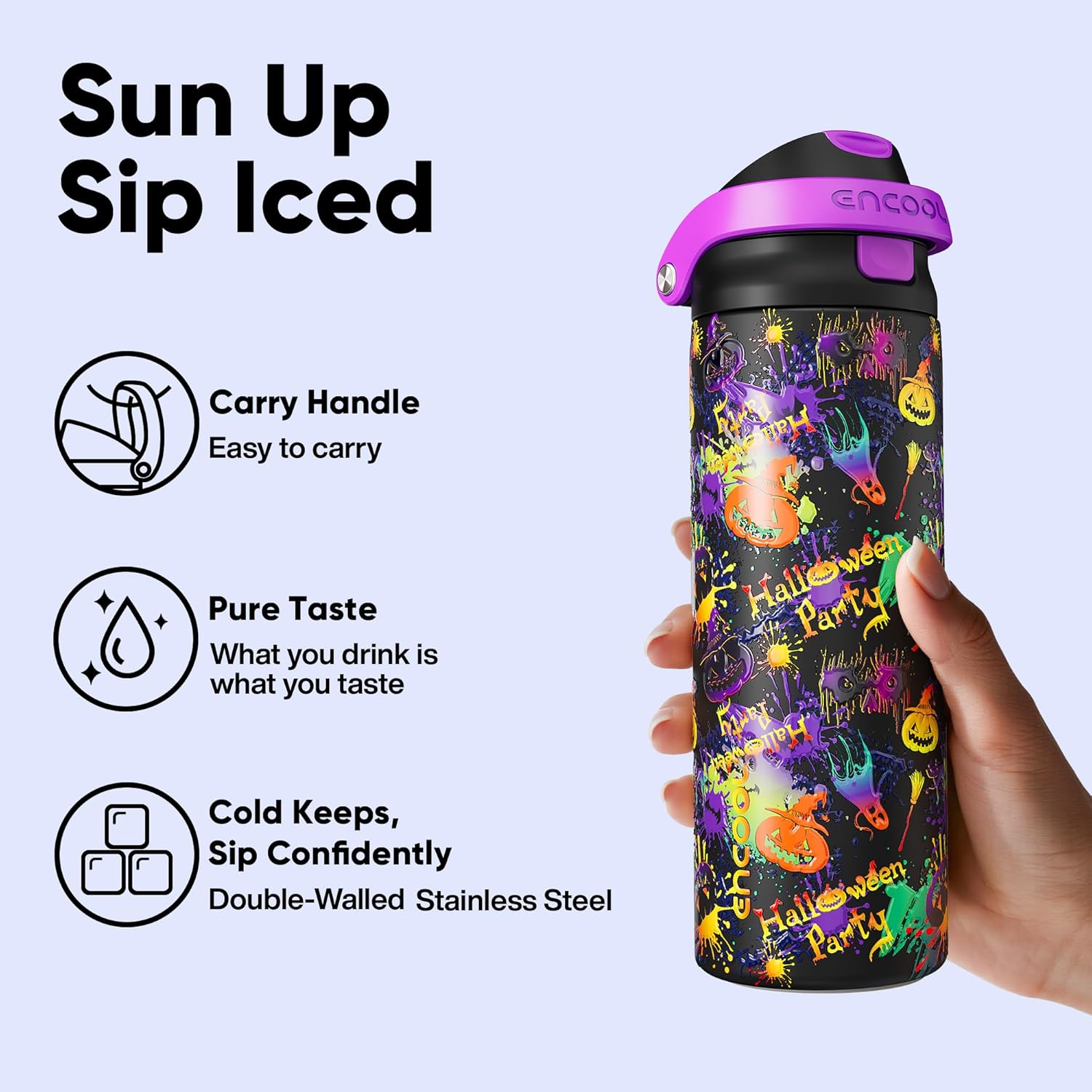 Encool SwiftSip Insulated Stainless Steel Water Bottle with Straw - Leak Proof Sports Water Bottle for School, Travel, Keeps Cold All Day, One-Touch Flip Lid, BPA-Free, 24 oz, Ghost Party - Image 4
