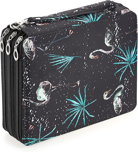 BSTKEY 120 Slots Pencil Holder Pouch Storage Bag, Multifunctional Pencil Wrap Case Organizer with Zipper for Color Pencils Stationery, Black Flamingo (No Pencils)