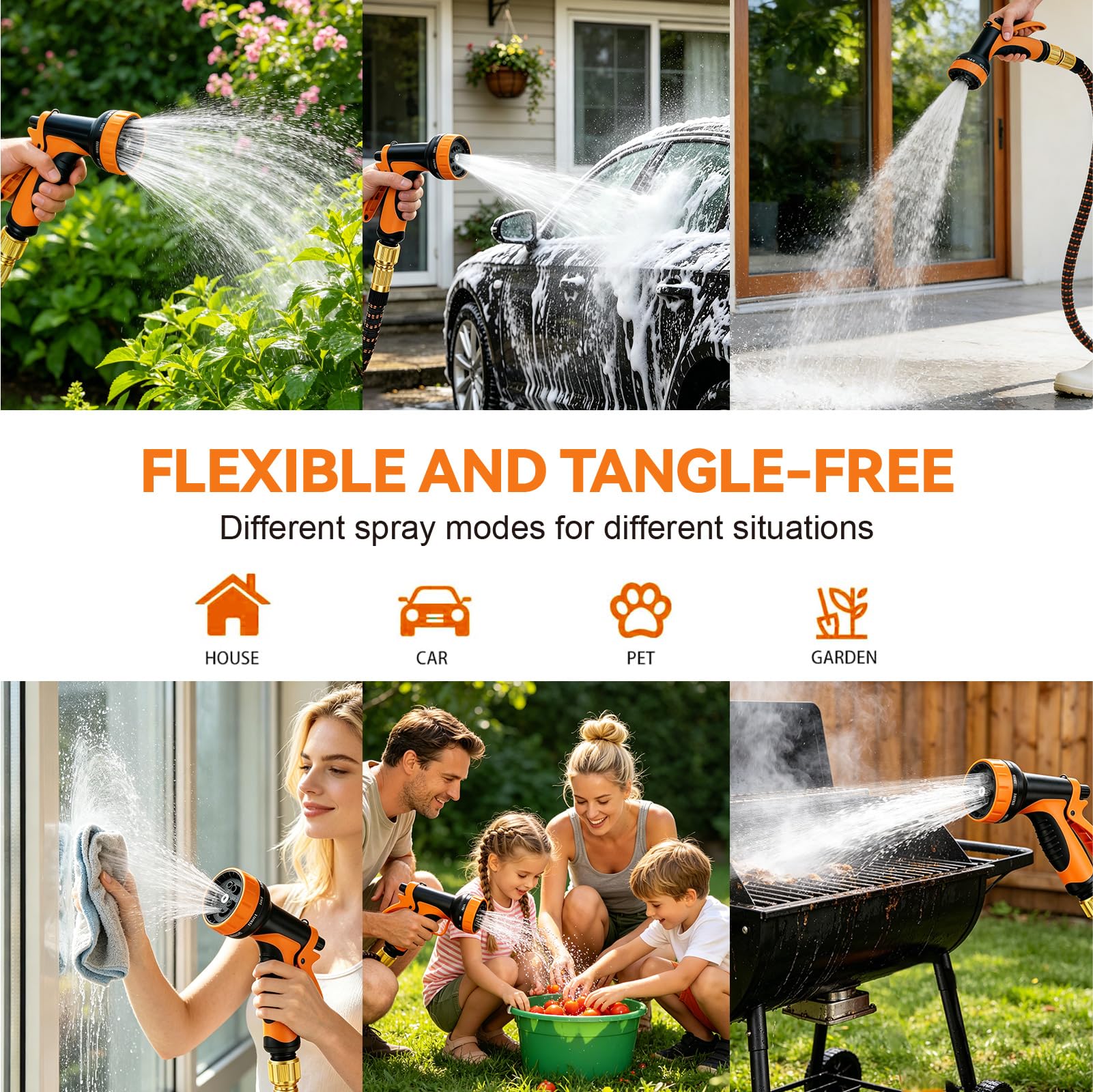Tuyau d’Arrosage Extensible 15m Orange, 3 Couches Latex | Anti-fuite et anti-nœuds, jet 10 modes réglable, utilisation facile sans effort, arrosage multi-usage jardin voiture terrasse