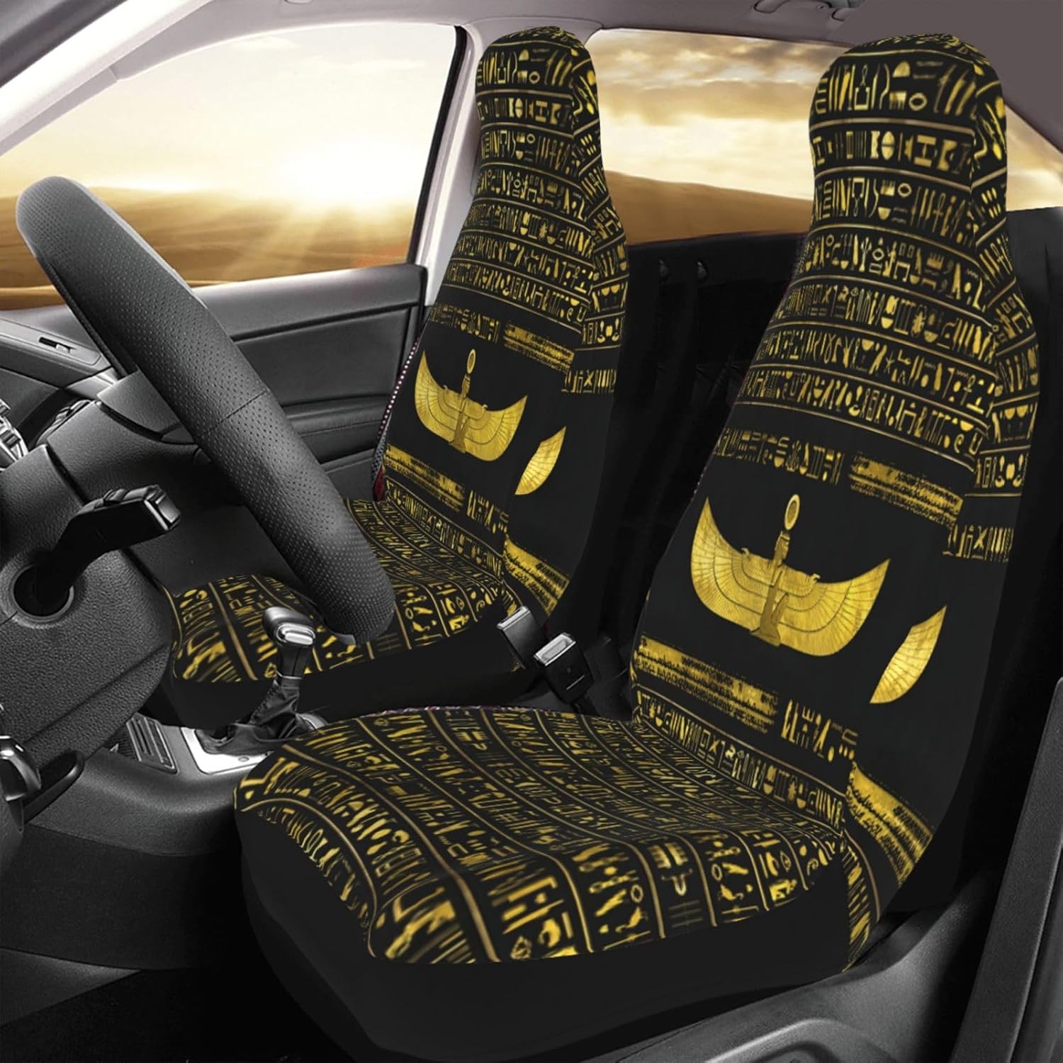 Golden Ancient Egyptian Gods Hieroglyphs Car Seat Covers Set Universal Flat Fabric Car Seat Cover Automatic Seat Protector Fit SUV Truck Van