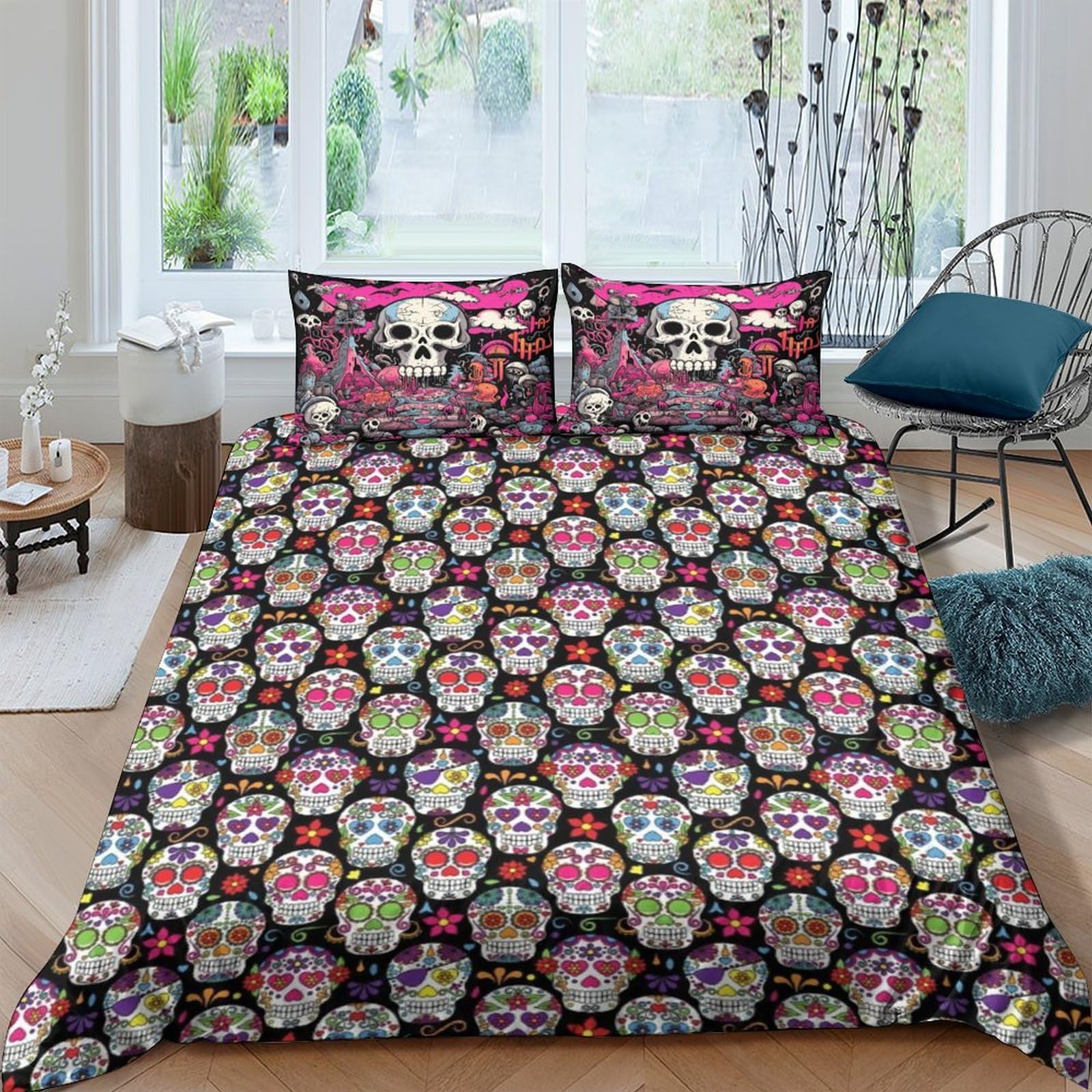Housse de couette crâne 3D hypoallergénique en microfibre pour lit double ado