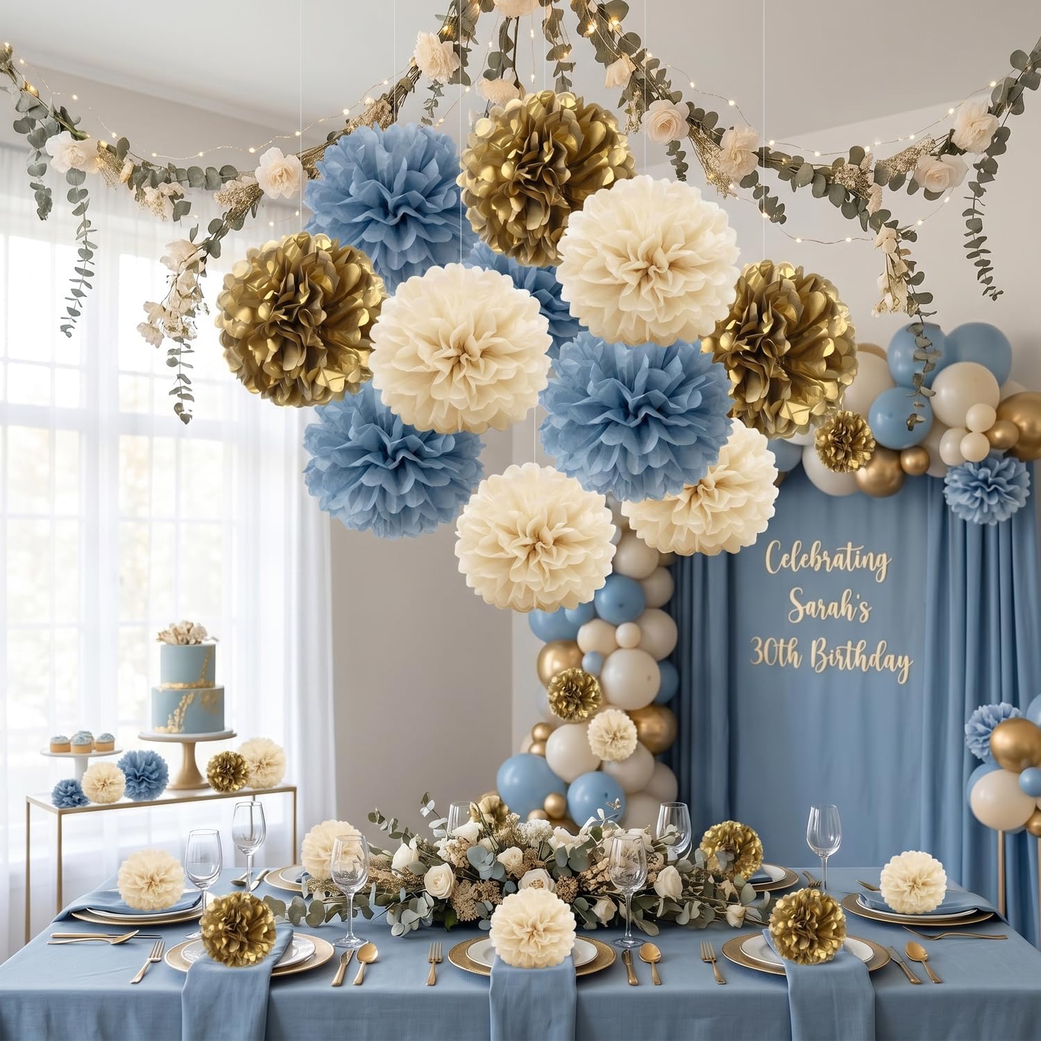 10-Pack Dusty Blue Cream Gold Party Decorations Paper Flowers Hanging Tissue Pom Poms Backdrop for Baby Bridal Shower Wedding Engagement Birthday Nursery Wall